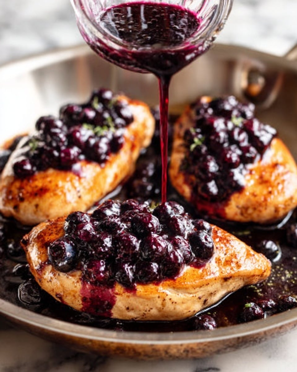 A close-up view of three golden brown chicken breasts in a frying pan, each topped with a thick layer of dark purple blueberry sauce. The sauce is rich and glossy, with whole blueberries scattered evenly over the chicken, showing a juicy, textured look. A woman's hand is pouring more of the deep purple sauce from a small glass container above the center chicken piece, adding a fresh layer of sauce that drips smoothly down the sides. The frying pan edges are metallic, contrasting with the cooked chicken's warm tones and the dark sauce. The background surface is a white marbled texture. Photo taken with an iphone --ar 4:5 --v 7