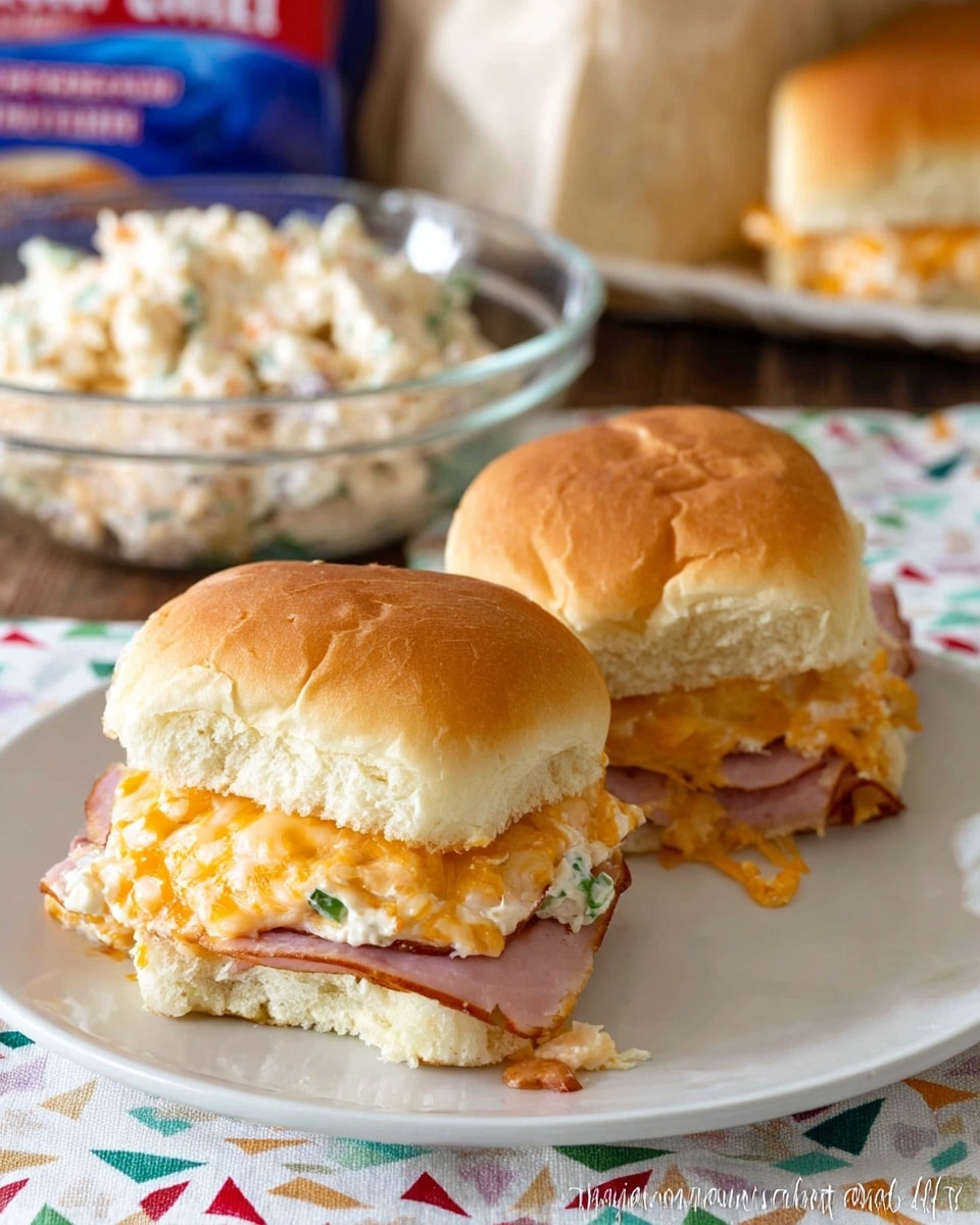 Two sandwiches sit side by side on a white plate with soft, golden brown top buns. Each sandwich has three layers: the top bun, a middle layer of melted light orange cheese mixed with white and green bits, and below that, a layer of browned ham. The bottom bun is soft and light cream-colored. The cheese slightly melts and drips over the edges of the buns. The plate rests on a cloth with a pattern of small colorful triangles, and behind the plate, there is a clear glass bowl filled with a creamy, light-colored salad. A white bag of sandwich bread is partially visible in the background. Photo taken with an iphone --ar 4:5 --v 7
