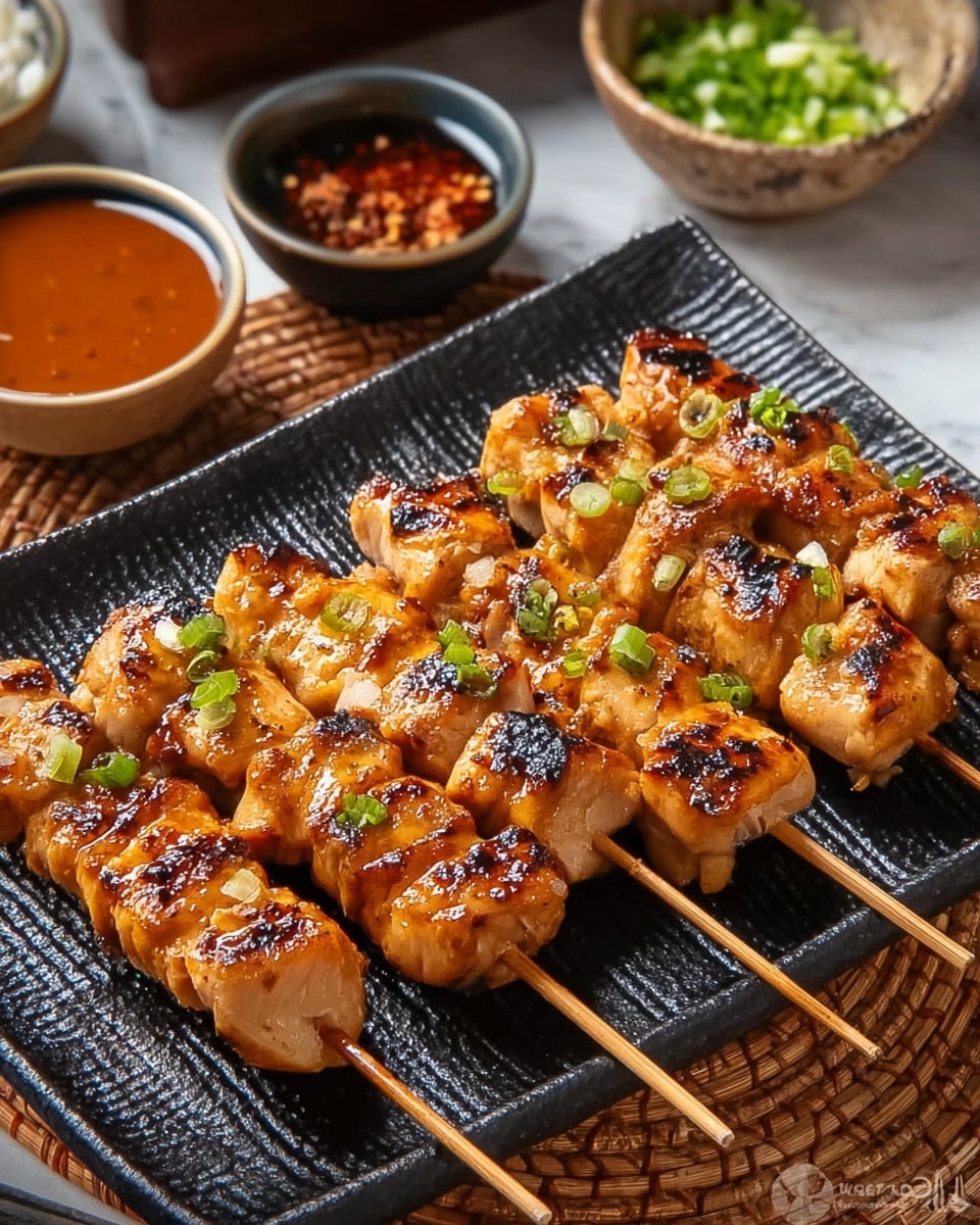 The image shows five wooden skewers of grilled chicken pieces arranged in a row on a black textured rectangular plate. Each skewer holds about five to six chunks of chicken that have a golden brown color with visible charred spots and a shiny glaze. The chicken looks juicy and grilled, garnished with small pieces of chopped green onion scattered over the top. In the background, there are some bowls with sauces and chopped green onions on a white marbled surface with a woven placemat partially visible. photo taken with an iphone --ar 4:5 --v 7