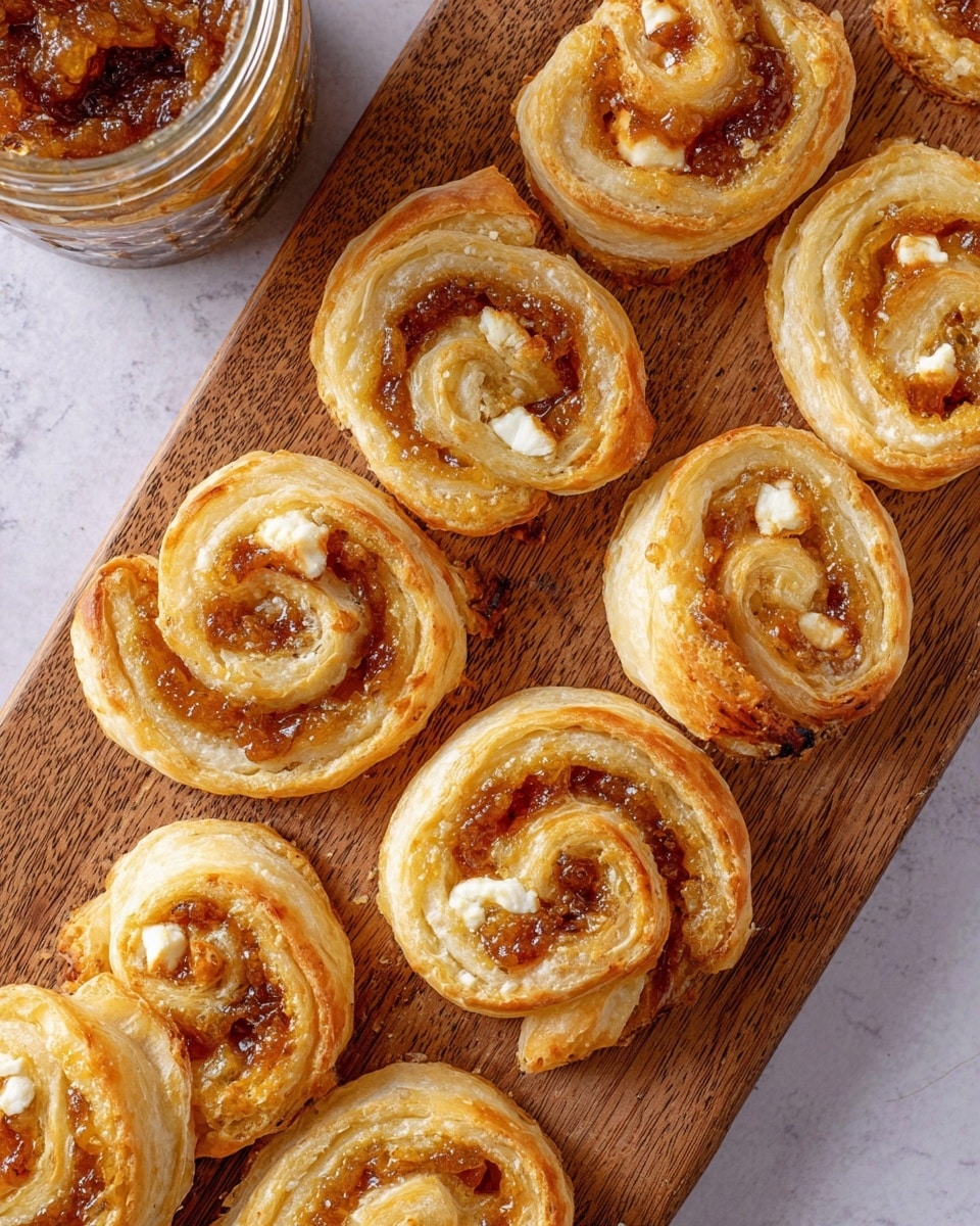 The image shows several golden-brown puff pastry pinwheels arranged on a wooden tray. Each pinwheel has visible layers of flaky, crisp pastry rolled tightly, with a light melting of white cheese crumbles and a sticky, glossy brown spread inside the spirals. The pastries are unevenly shaped, some more circular while others are slightly ovoid, showing their homemade charm. In the top left corner, a white jar with a chunky brown jam or preserve is partially visible, sitting on a white marbled surface. photo taken with an iphone --ar 4:5 --v 7
