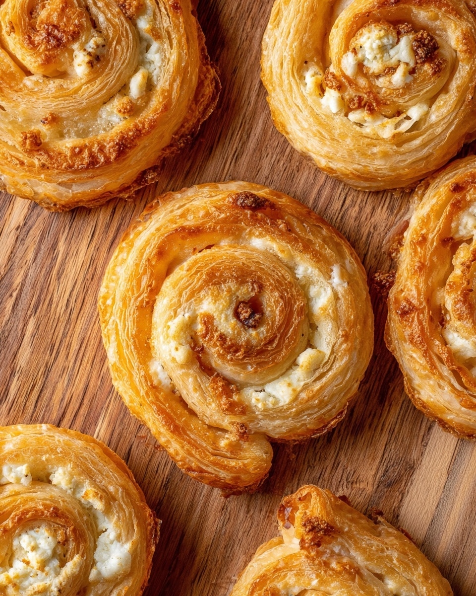 The image shows several round, spiral-shaped puff pastry swirls placed closely together on a wooden surface, each pastry featuring multiple thin, flaky layers of golden-brown dough. The pastries have hints of a white crumbly cheese sprinkled throughout the spirals, creating a contrast with the light golden dough. Some edges show slight browning and crispiness, adding texture. The wood grain background adds a warm tone behind the pastries. photo taken with an iphone --ar 4:5 --v 7