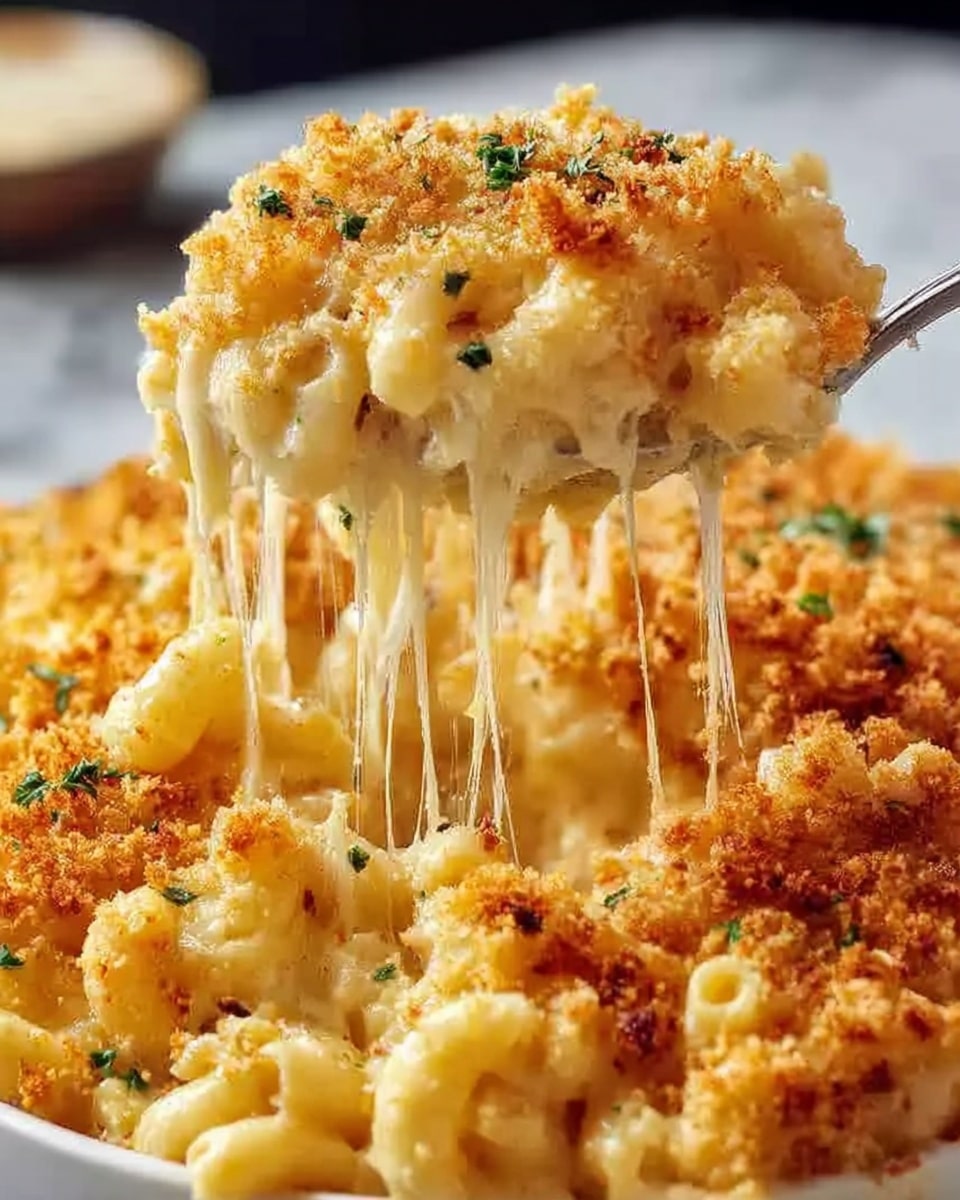 This image shows a close-up of macaroni and cheese in a white baking dish. The dish has two main layers: the bottom layer is creamy yellow cheese sauce mixed with small macaroni pasta, and the top layer is a golden-brown, crispy breadcrumb topping with small green herb bits scattered throughout. A silver serving spoon is lifting a scoop from the middle, showing melted cheese stretch between the dish and the spoon. The texture of the cheese sauce looks smooth and thick, while the topping is crunchy and rough. The white baking dish contrasts with the warm colors of the food, and the background is a white marbled texture. photo taken with an iphone --ar 4:5 --v 7