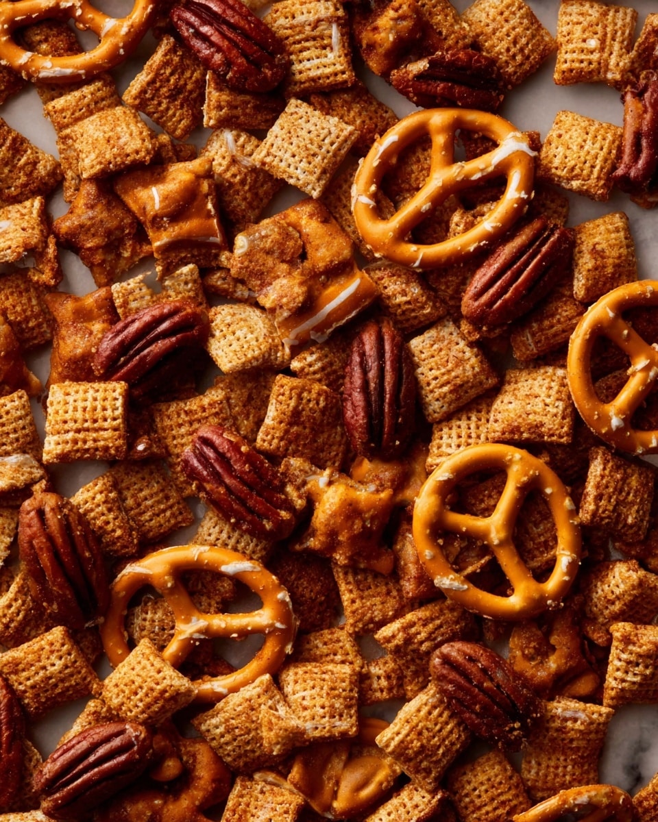This image shows a close-up view of a snack mix featuring several layers of different textures and colors. At the base are square, woven cereal pieces in a golden yellow color, which create a crunchy-looking foundation. Mixed in are dark brown pecans that add depth and rough, ridged texture. Scattered throughout are light brown peanut halves, smooth and shiny. On top, several rounded pretzels with a glossy, light brown surface are visible, some partially drizzled with a white glaze that adds a contrast in texture and color. The snack mix is set against a white marbled surface, enhancing the warm tones of the ingredients. photo taken with an iphone --ar 4:5 --v 7