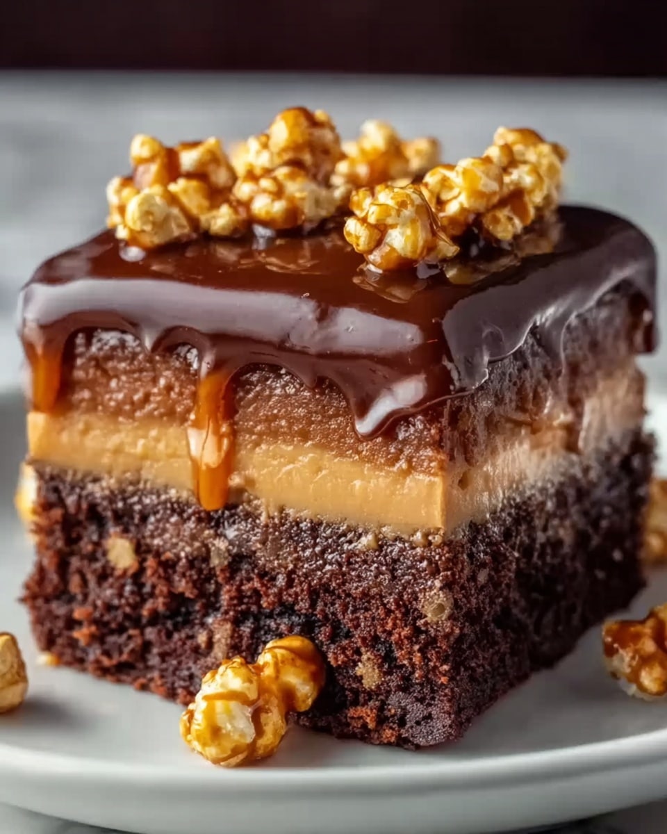 The image shows a close-up of a rich dessert with three clear layers: the bottom layer is dark chocolate cake with a moist texture, the middle layer is a smooth caramel with a light brown color, and the top layer is a shiny dark chocolate ganache. On top of the ganache, there are small pieces of golden caramel popcorn scattered. The dessert is served on a white plate that sits on a white marbled surface. Photo taken with an iphone --ar 4:5 --v 7