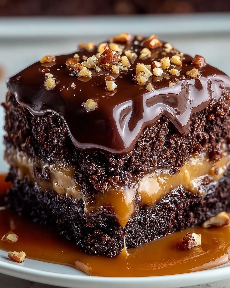 A close-up view of a square, three-layer chocolate dessert on a white plate. The bottom and top layers are dark moist chocolate cake with a rough texture, while the middle layer is smooth, glossy caramel filling that is slightly oozing out. The top layer is covered with thick, shiny chocolate ganache dripping down the sides and topped with small pieces of chopped nuts. There is caramel sauce pooled around the base of the cake on the plate, all set against a white marbled texture. photo taken with an iphone --ar 4:5 --v 7