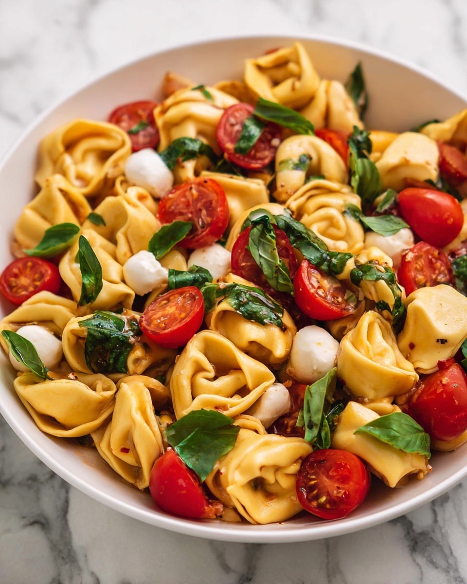 The dish shows a white bowl full of cooked tortellini pasta, which is golden yellow and soft looking. Mixed throughout are bright red cherry tomato halves, small white mozzarella balls, and fresh green basil leaves that are sliced and scattered evenly. The colors of the red tomatoes and green basil stand out against the warm yellow pasta. The textures vary from the smooth pasta to the juicy tomatoes and the soft mozzarella. The bowl sits on a white marbled surface, adding a clean and fresh feel to the image. photo taken with an iphone --ar 4:5 --v 7