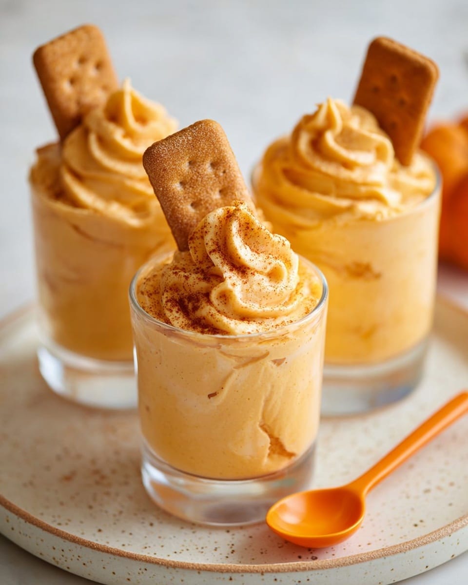 The image shows three clear glass cups filled with creamy, orange-colored mousse that looks light and fluffy. Each mousse has a piped swirl on top and is topped with a rectangular cinnamon-sugar coated cracker standing upright in the center. The cups sit on a large, round, white plate with subtle speckles, placed on a white marbled background. An orange spoon rests beside the cups on the plate, adding a pop of color to the soft and warm tones of the mousse and crackers. Photo taken with an iphone --ar 4:5 --v 7