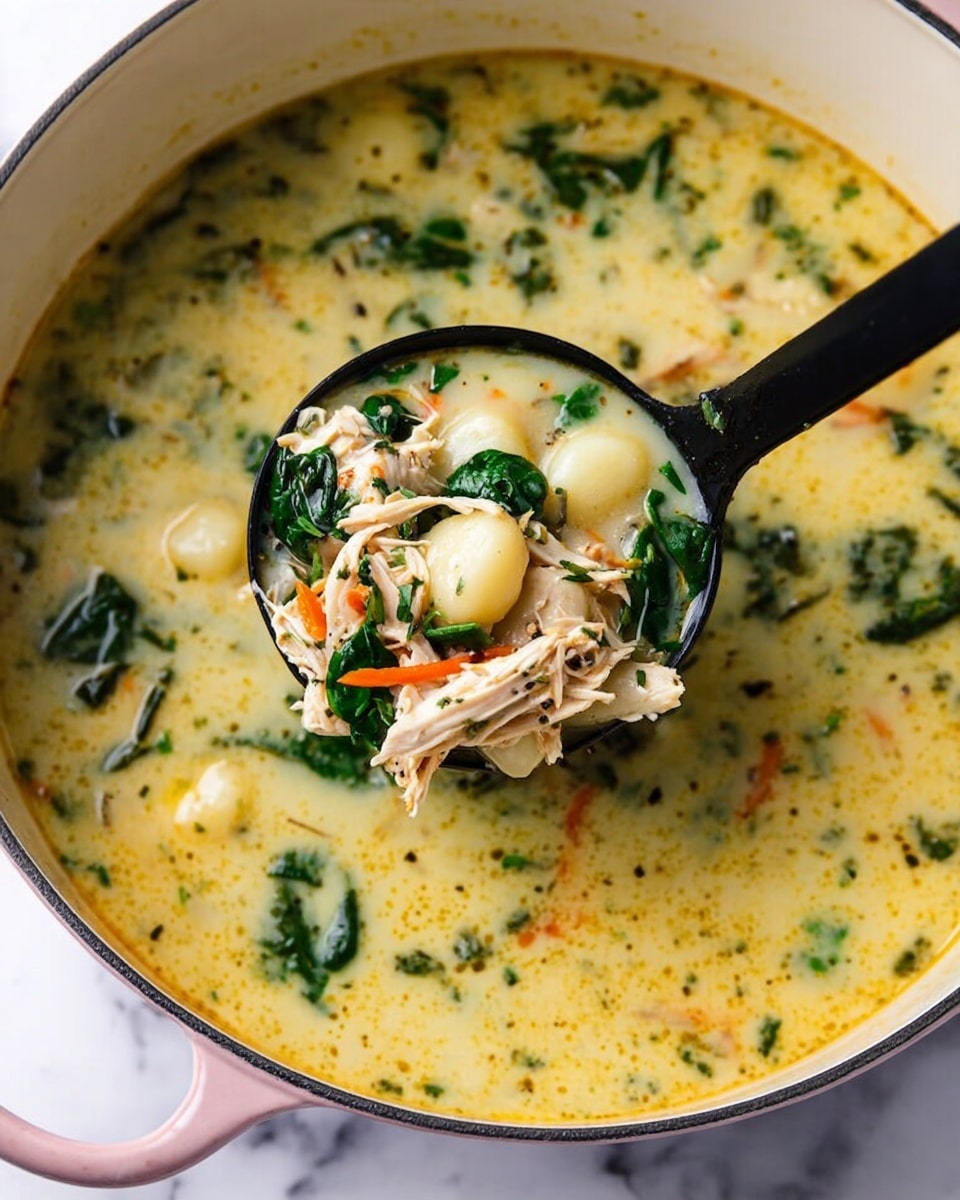 The image shows a close-up of a creamy soup in a pink pot with a white interior, placed on a white marbled texture surface. The soup has a light yellow color with a smooth texture and visible small herbs scattered throughout. A black ladle lifted above the pot carries a mix of ingredients, showing one layer of tender gnocchi pieces in pale white, another layer of shredded chicken in light beige, and fresh dark green spinach leaves, along with thin orange carrot strips. The soup looks warm and rich, with a slightly oily sheen on top. The composition captures the texture and colors vividly. photo taken with an iphone --ar 4:5 --v 7