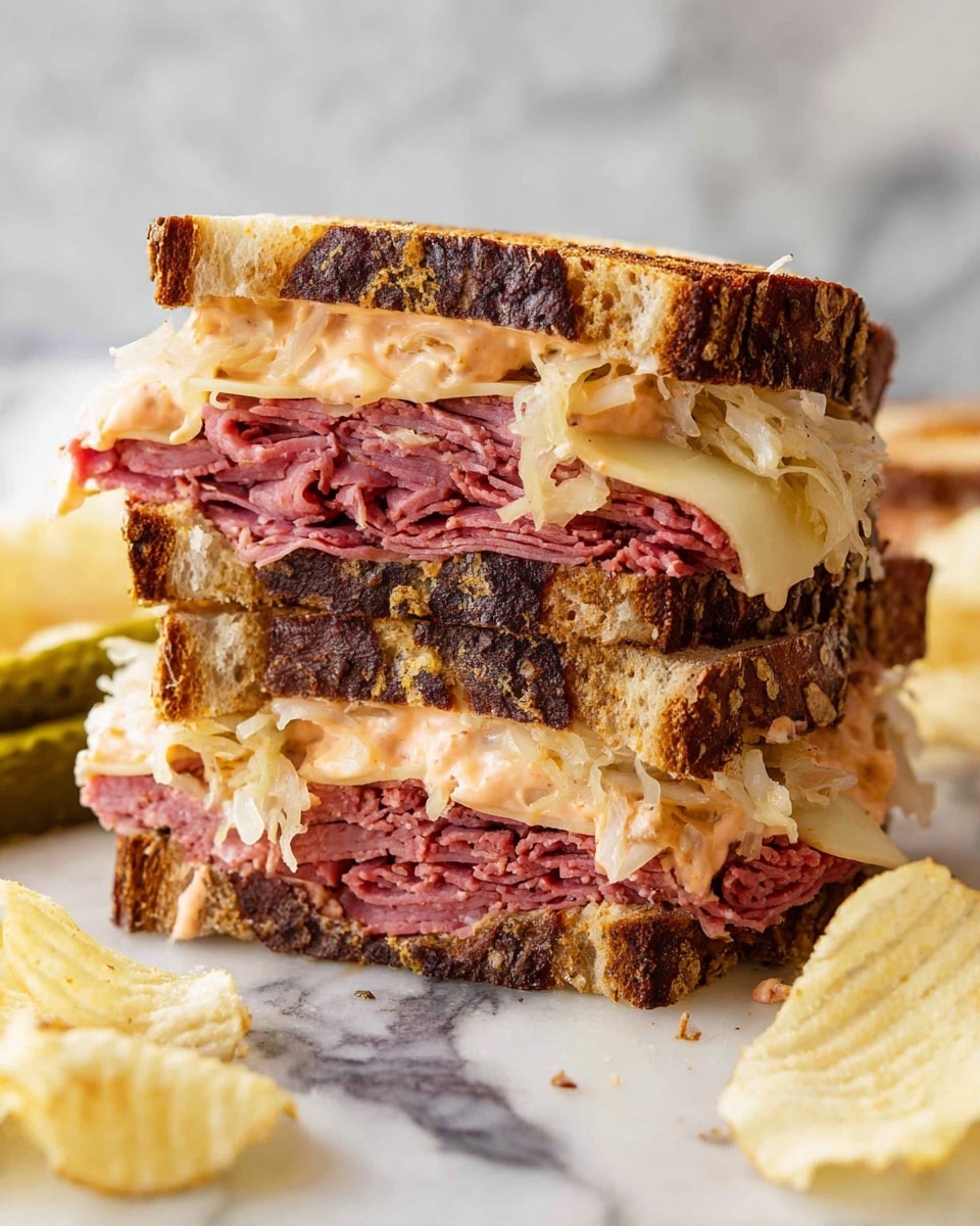 A thick sandwich cut in half and stacked, showing three layers of marbled rye bread with dark brown and light beige swirls. Between the bread layers, there is a thick spread of creamy, pale orange sauce mixed with sauerkraut, layered with folded slices of pink corned beef and thin, pale yellow Swiss cheese. The sandwich is set on a white marbled surface, and a few light yellow potato chips are scattered around it, with a green pickle partially visible in the background. photo taken with an iphone --ar 4:5 --v 7