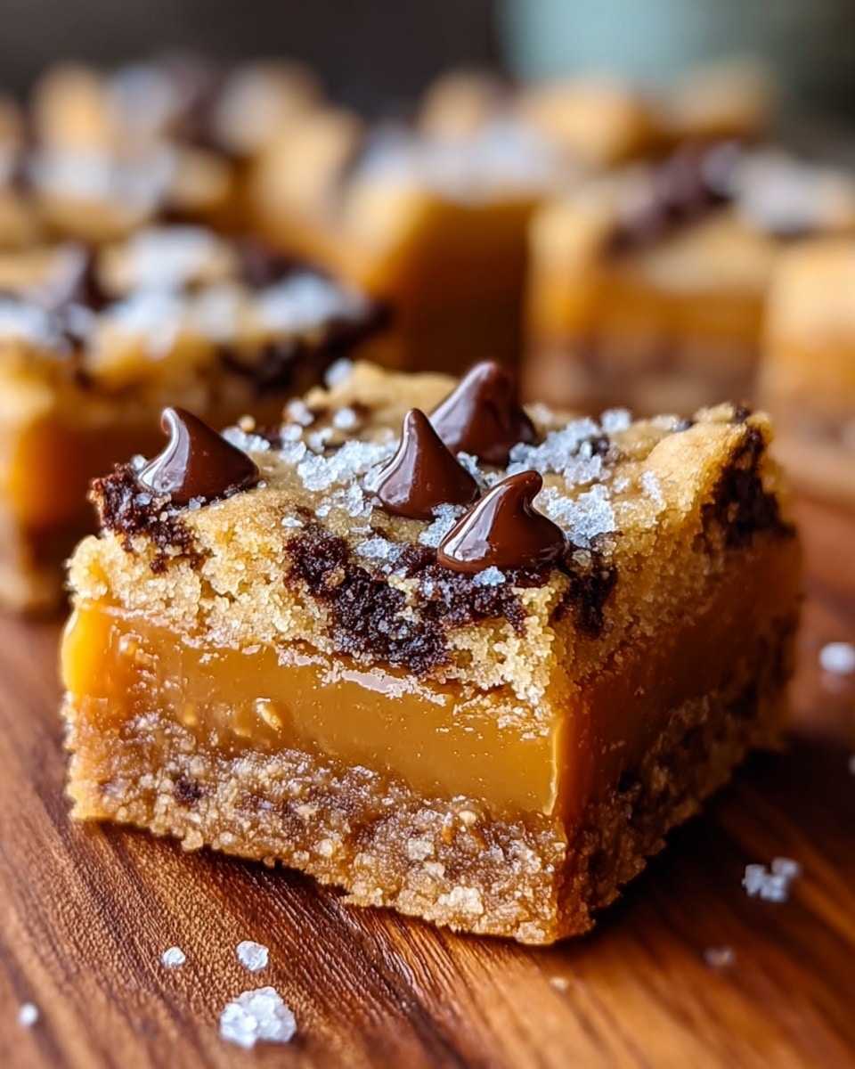 The image shows a close-up of a square dessert bar with three main layers. The bottom layer is a crumbly, light brown crust with a rough texture. The middle layer is a smooth, golden caramel filling that looks soft and slightly gooey. The top layer is a golden-brown cookie crust embedded with dark chocolate chips and topped with a few shiny, melted chocolate droplets and sprinkled coarse white sea salt. The dessert is placed on a wood surface with blurred similar bars in the background. photo taken with an iphone --ar 4:5 --v 7