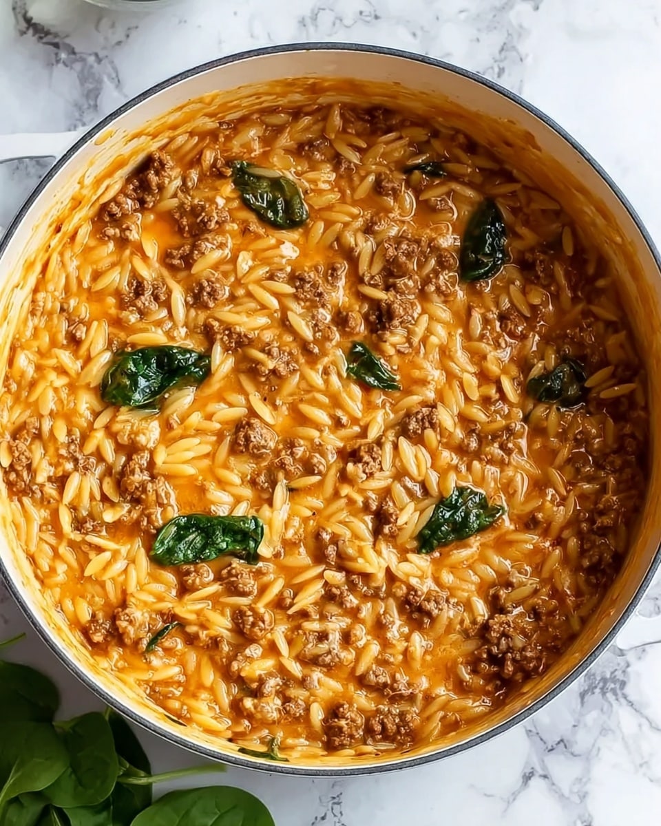 The image shows a close-up of a white pot filled with a thick, creamy dish made of small, rice-shaped pasta mixed with browned ground meat. The pasta is covered in a rich, orange-colored sauce that looks smooth and slightly glossy. There are a few dark green spinach leaves scattered throughout the dish, adding contrast to the warm colors of the pasta and meat. The pot is placed on a white marbled surface, with some fresh green spinach leaves visible in the corner. The texture of the dish appears hearty and comforting, with the orzo pasta and meat evenly blended in the creamy sauce. photo taken with an iphone --ar 4:5 --v 7