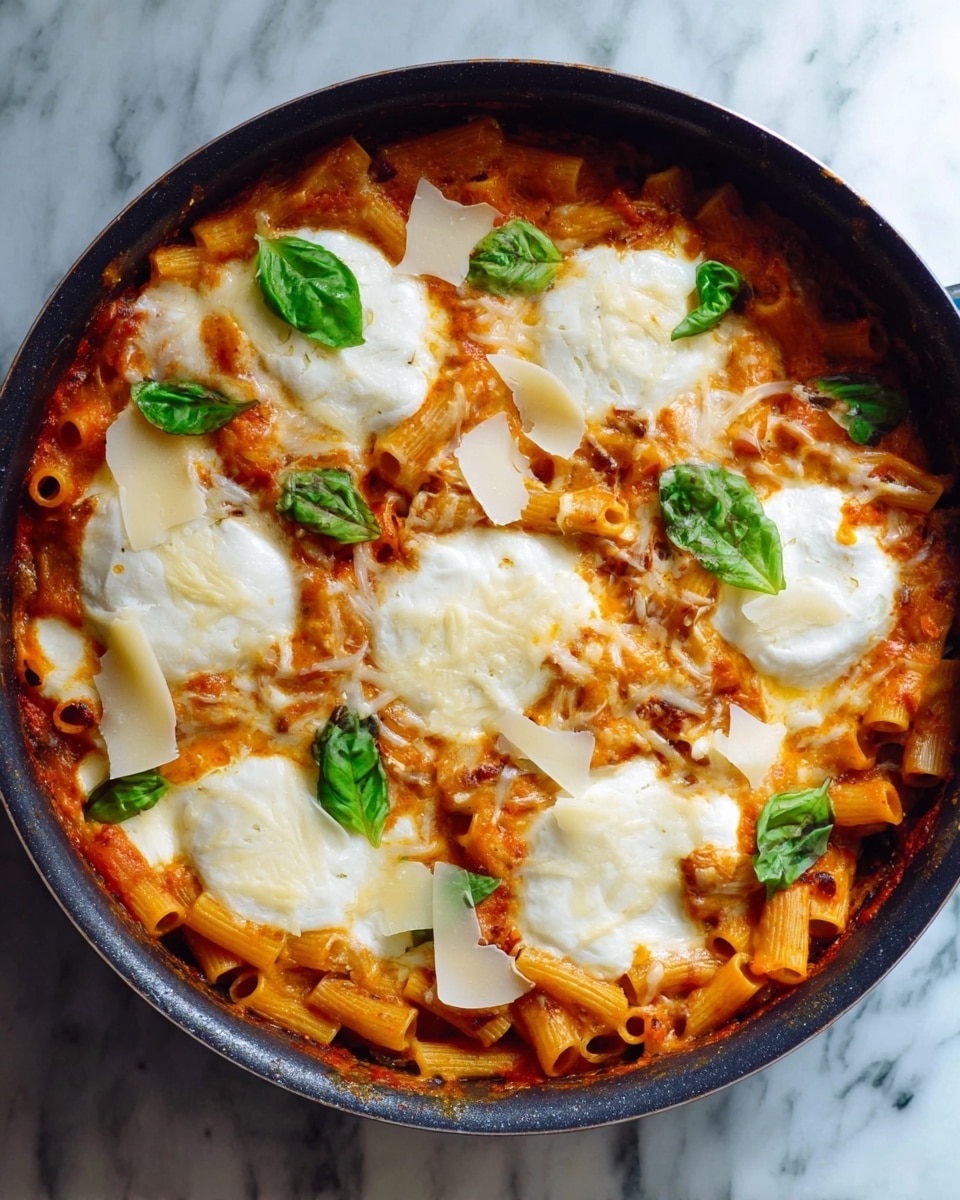 A close-up view of baked pasta in a black round pan placed on a white marbled surface, showing several layers starting with small tube pasta mixed with a thick, rich orange tomato sauce as the base. On top of the pasta are seven dollops of melted white cheese, slightly browned around the edges, with some shredded white cheese sprinkled over it. Fresh green basil leaves are scattered across the pasta for contrast, with some flat, thin white cheese slices on top. The texture appears creamy and bubbly with a mix of smooth sauce and soft melted cheese. Photo taken with an iphone --ar 4:5 --v 7