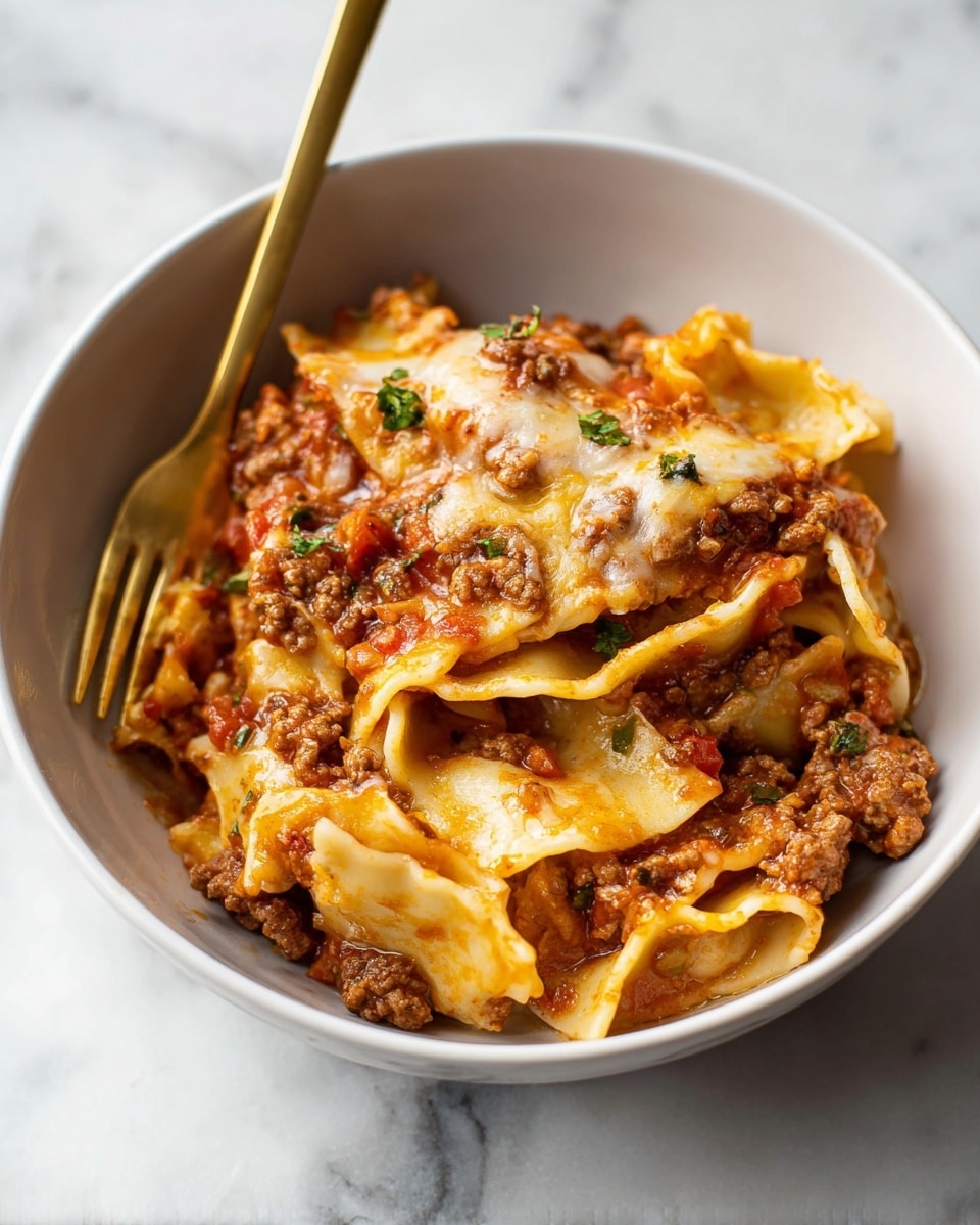 A white bowl filled with layered pasta and meat sauce, showing about three layers. The bottom layer is wide, flat pasta noodles with a pale, creamy yellow color, slightly curled at edges. The middle layer is a rich, chunky ground meat sauce in reddish-brown with small pieces of tomato and herbs mixed in. The top layer is melted cheese, golden yellow and bubbly, melting over the pasta and meat. Small green herb bits are sprinkled on the top, adding a touch of freshness. A gold fork is placed inside the bowl on the left side, resting against the edge. The bowl sits on a white marbled surface. photo taken with an iphone --ar 4:5 --v 7