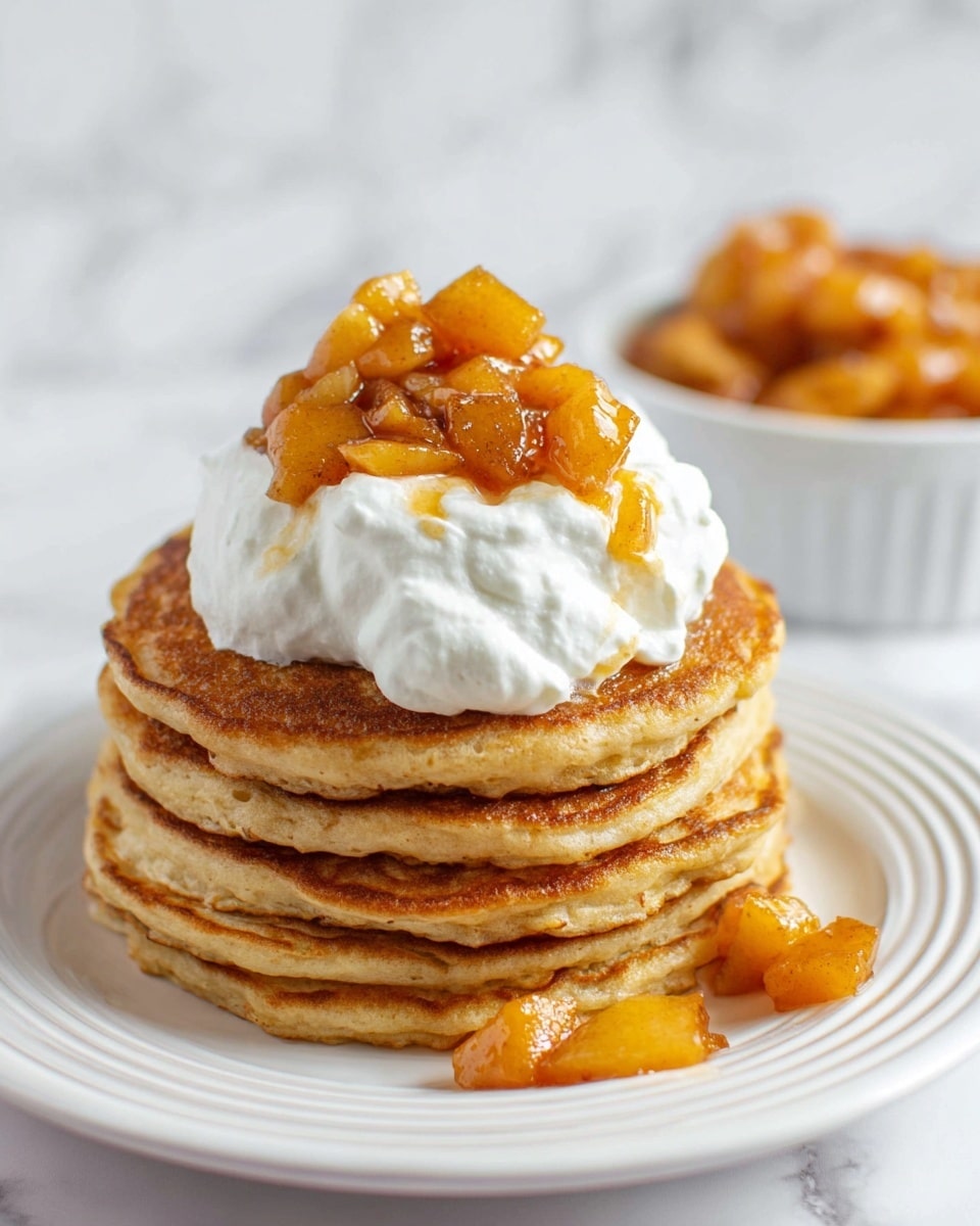 A stack of four thick, golden-brown pancakes sits centered on a white plate with circular ridges. On top, there is a generous dollop of smooth white whipped cream, slightly rounded and soft in texture. The whipped cream is topped with small, glossy golden brown apple chunks that look cooked and coated in syrup, with a small drizzle of syrup running down onto the whipped cream and pancake. A few apple pieces rest beside the pancake stack on the plate. The background shows a white bowl filled with more apple topping against a white marbled surface. photo taken with an iphone --ar 4:5 --v 7