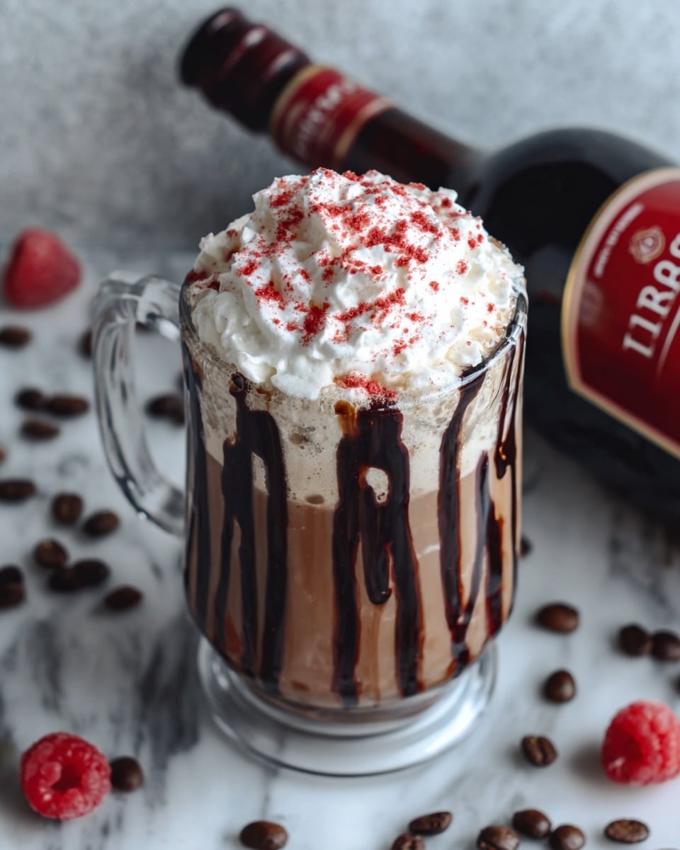 A clear glass mug filled with a creamy brown drink at the bottom and middle layers, topped with a thick layer of white whipped cream that covers the surface fully, drizzled in dark brown chocolate sauce in irregular vertical lines, and sprinkled with red powder over the whipped cream for a pop of color. The mug handle is on the left side. The mug rests on a white marbled surface, surrounded by scattered dark brown coffee beans and small pieces of red raspberries. A large dark brown bottle with a red label lies tilted behind the mug. Photo taken with an iphone --ar 4:5 --v 7