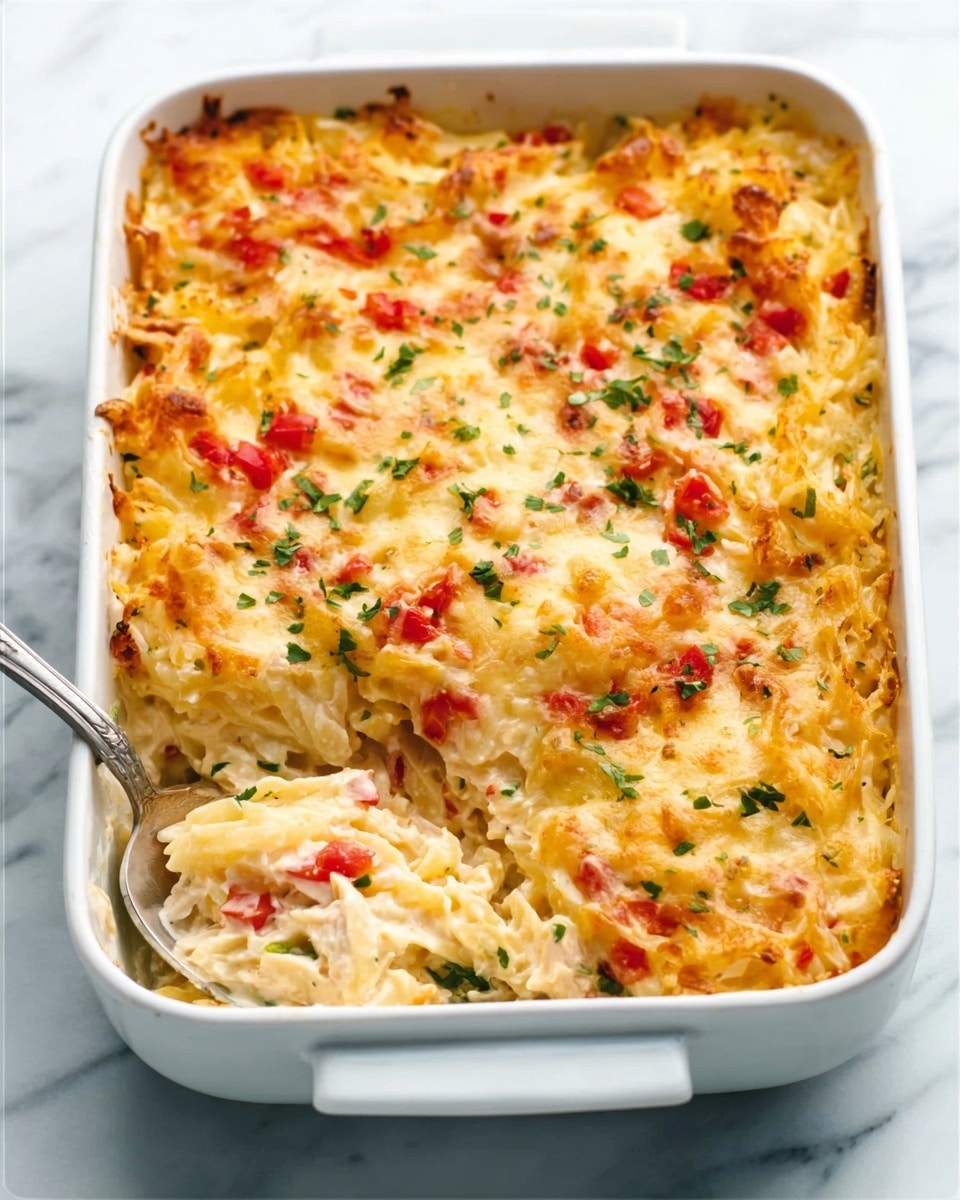 The image shows a white rectangular baking dish filled with a baked pasta casserole. The top layer is golden brown with melted cheese, showing bits of red from diced tomatoes and green herbs sprinkled throughout. One scoop has been taken out with a spoon, revealing creamy white sauce mixed with pasta strands and bits of chicken underneath the cheese layer. The baking dish sits on a white marbled surface. photo taken with an iphone --ar 4:5 --v 7