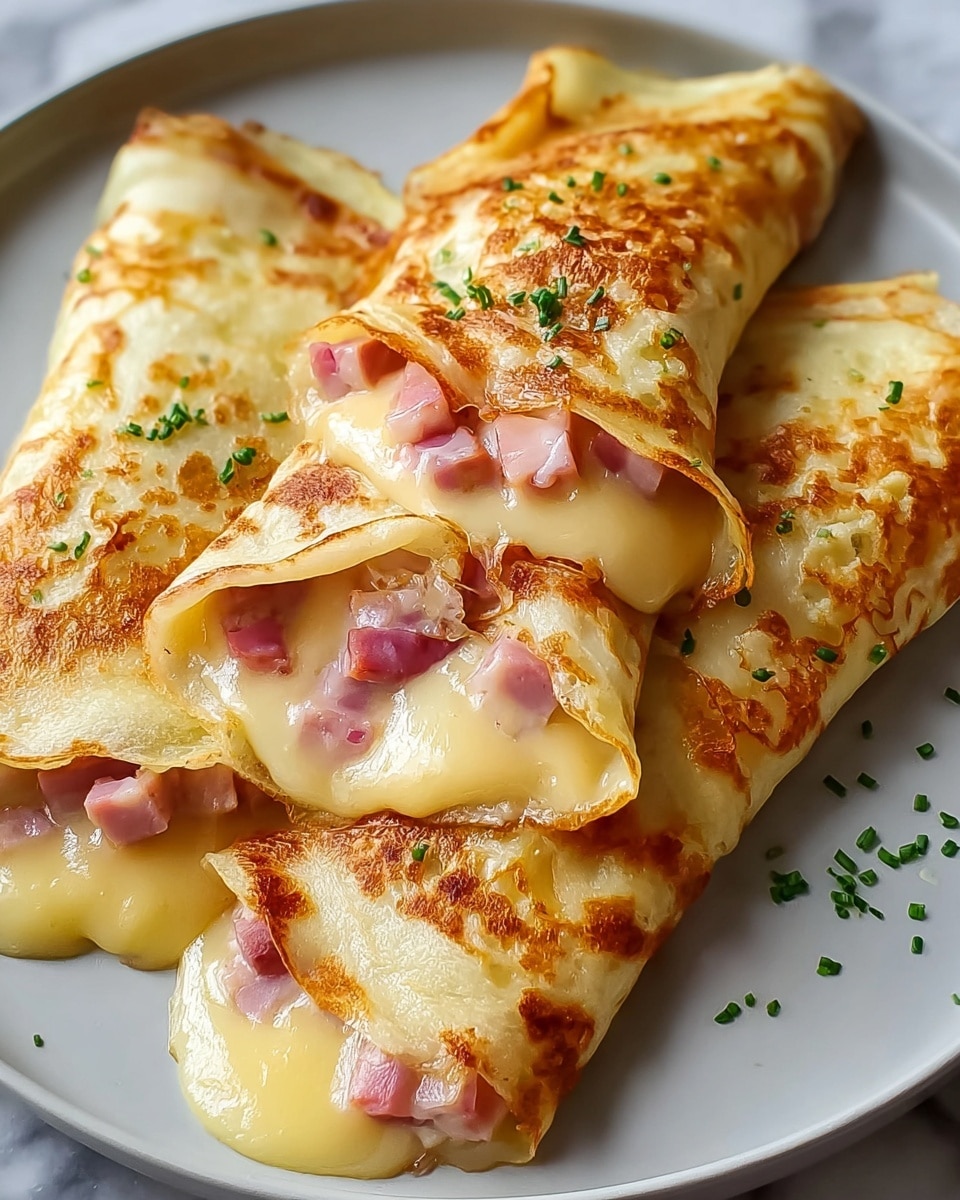 Three rolled crepes with a golden-brown, slightly crispy exterior are placed side by side on a dark plate. Each crepe is filled with gooey melted cheese that spills out from the open ends, showing chunks of pink ham inside. The melting cheese is creamy and shiny, pooling a bit at the base of the crepes. There are small green leaves placed for decoration near the crepes. The dish sits on a white marbled texture surface. photo taken with an iphone --ar 4:5 --v 7