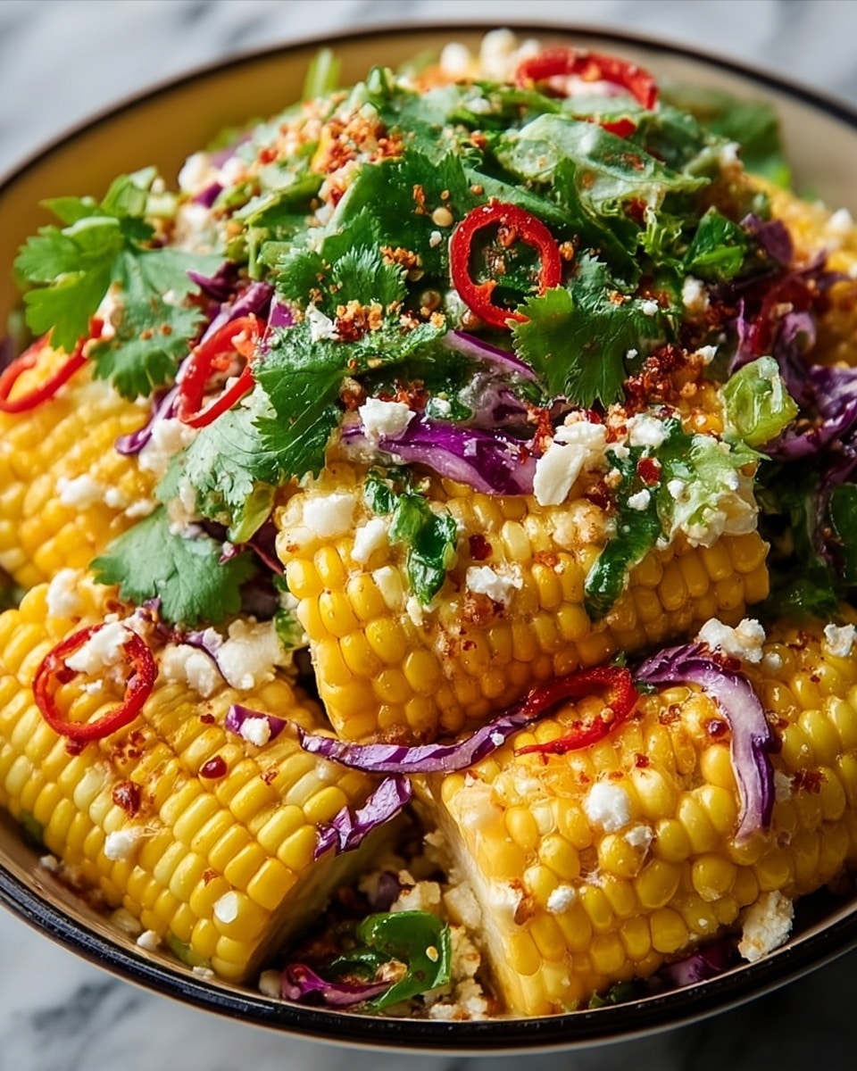 This image shows a close-up of grilled corn on the cob served on a white plate. The corn is bright yellow with some charred spots and is covered with finely chopped green herbs, white crumbled cheese, and small pieces of red chili flakes scattered all over. There are also bits of purple cabbage and green onions mixed in and a few fresh green cilantro leaves placed on top. The background has a white marbled texture that adds a clean and fresh look to the scene. photo taken with an iphone --ar 4:5 --v 7