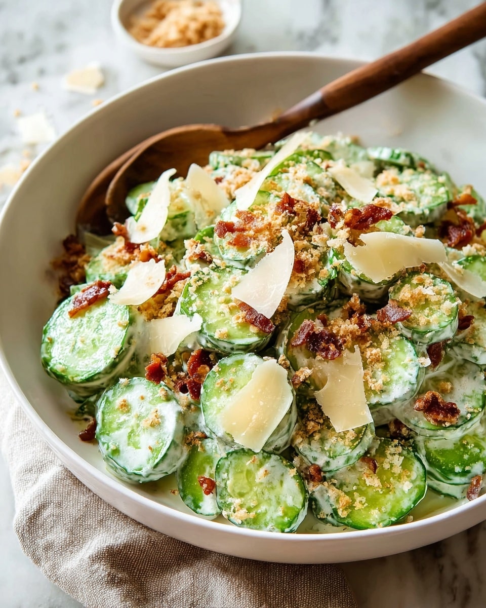 The image shows a close-up of a salad in a white bowl. The salad has several layers: thick slices of green cucumbers form the main base, coated with a creamy white dressing. Scattered on top are brown crispy bacon pieces and thin, off-white cheese slices. A crunchy-looking, crumbly mix of light brown and specks of black seasoning is sprinkled throughout the salad, adding texture. A silver fork with a wooden handle rests inside the bowl, partially buried in the salad. The bowl sits on a white marbled surface. photo taken with an iphone --ar 4:5 --v 7