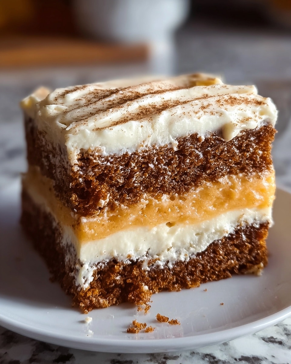 A close-up image of a square slice of layered carrot cake on a white plate, placed on a white marbled texture. The cake has three layers: a crumbly, moist brown carrot cake base at the bottom; a thick, creamy white frosting layer in the middle; and a generous top layer of smooth, thick white frosting with gentle swirls and a light dusting of cinnamon or cocoa powder sprinkled over it. The texture of the cake looks soft and fluffy, with a slight crumbly appearance at the edges, and the frosting appears rich and creamy with a smooth finish. Photo taken with an iphone --ar 4:5 --v 7