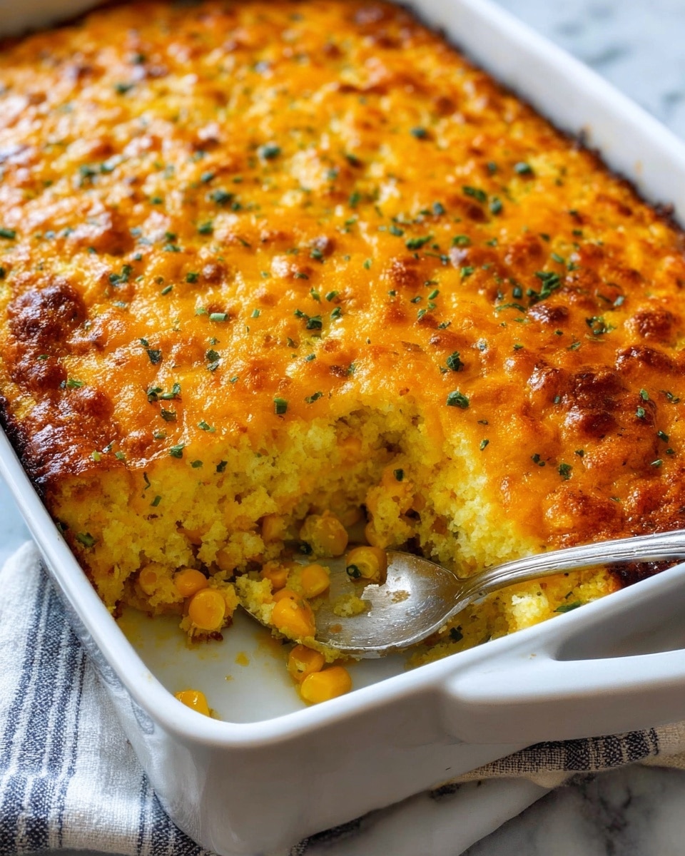 A close-up of a baked corn casserole in a white rectangular baking dish, showing a golden brown top layer with melted cheese and small bits of corn scattered throughout; the surface has a slightly crispy texture with a few green onion pieces sprinkled on top; a spoon rests inside the dish scooping out a portion, revealing a moist, soft, and creamy yellow layer beneath the top crust, filled with chunks of corn; the dish sits on a white marbled texture with a blue and white cloth nearby, photo taken with an iphone --ar 4:5 --v 7