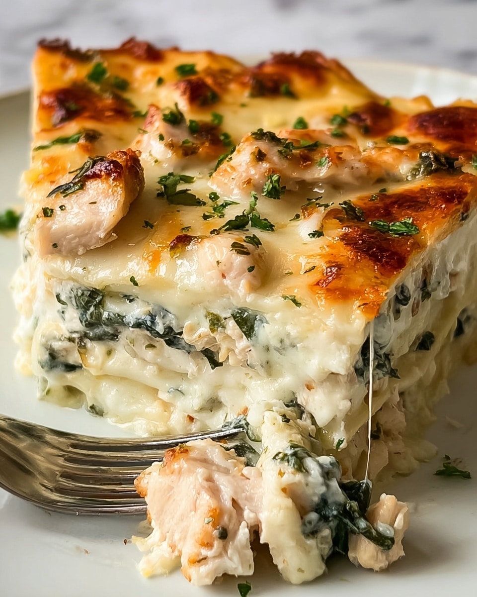 A close-up view of a lasagna piece on a white plate, showing three visible layers: a creamy white sauce mixed with green spinach leaves and bits of chicken at the bottom, a middle layer of tender pasta sheets topped with more creamy sauce, and a top layer of golden brown melted cheese that is slightly browned in spots; fresh green parsley leaves are sprinkled on top as garnish, and a white marbled surface is seen in the background. Photo taken with an iphone --ar 4:5 --v 7