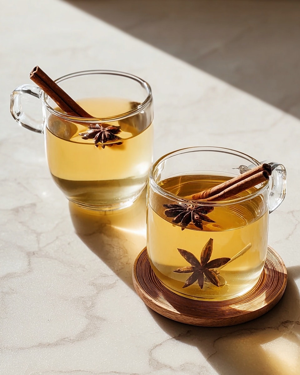 Two clear glass cups filled with light golden tea are placed on a white marbled surface. The cup on the left has a handle and contains one cinnamon stick and one star anise floating on top. The cup on the right is handleless, placed on a round wooden coaster, and also holds two cinnamon sticks and one star anise, one floating and one settled near the bottom. Soft natural light casts warm shadows around the cups, highlighting the smooth texture of the glasses and the rich color of the tea. photo taken with an iphone --ar 4:5 --v 7