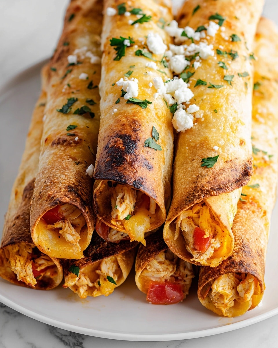 The image shows a close-up of several rolled taquitos stacked on a white plate over a white marbled surface. Each taquito has a crispy, golden-brown outer shell with slight charring and a crunchy texture. Inside the open ends, visible layers include shredded chicken mixed with melted yellow cheese and pieces of red tomato. The top of the taquitos is sprinkled with small white crumbles of cheese and finely chopped green cilantro leaves, adding a fresh contrast in color and texture. Photo taken with an iphone --ar 4:5 --v 7