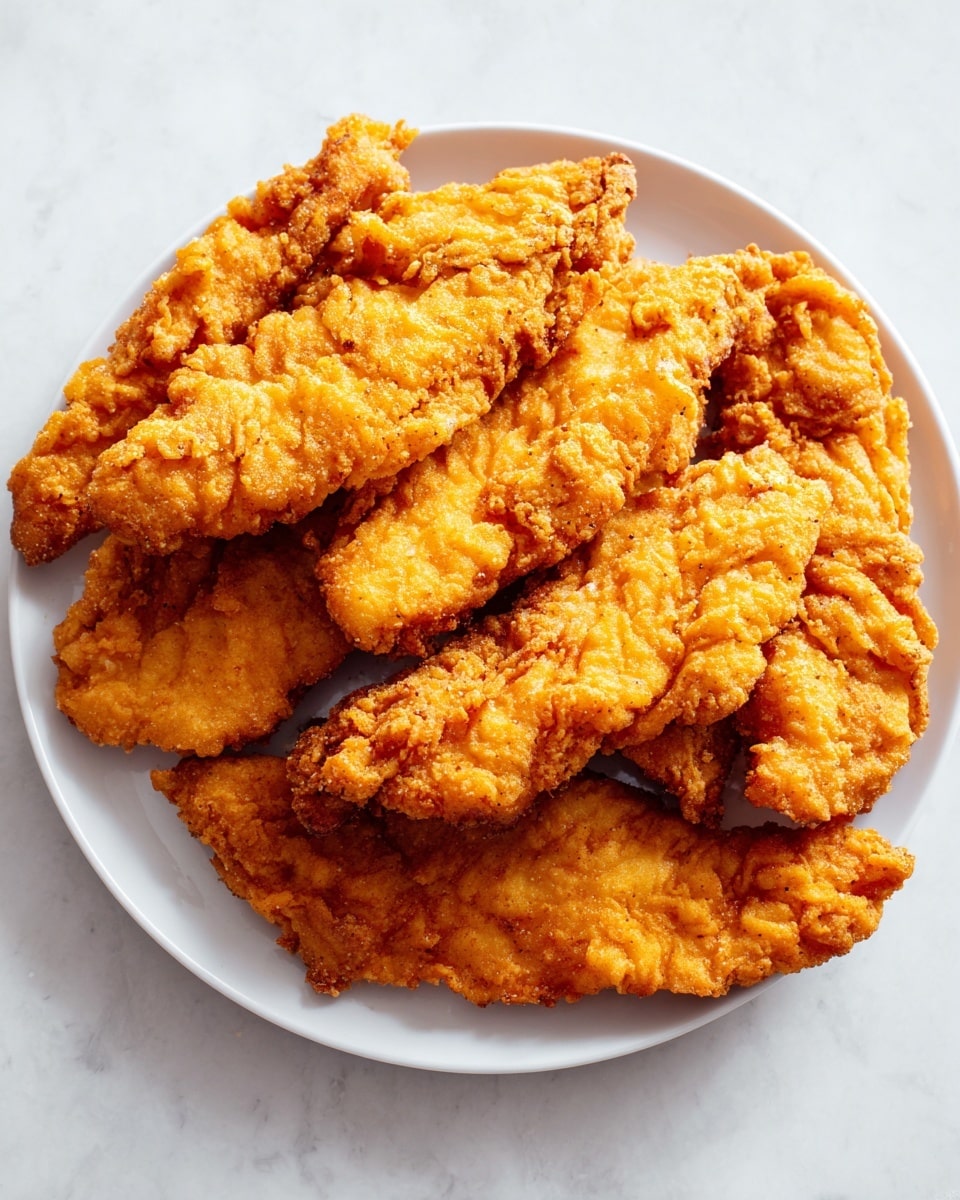 The image shows a white plate filled with seven golden-brown fried chicken strips. Each piece has a crunchy texture with uneven, crisp edges and a slightly rough surface. The chicken strips are layered one over another, spread unevenly but covering the plate fully. The golden color ranges from light to darker shades, emphasizing the crispy fried coating. The plate sits on a white marbled surface. photo taken with an iphone --ar 4:5 --v 7