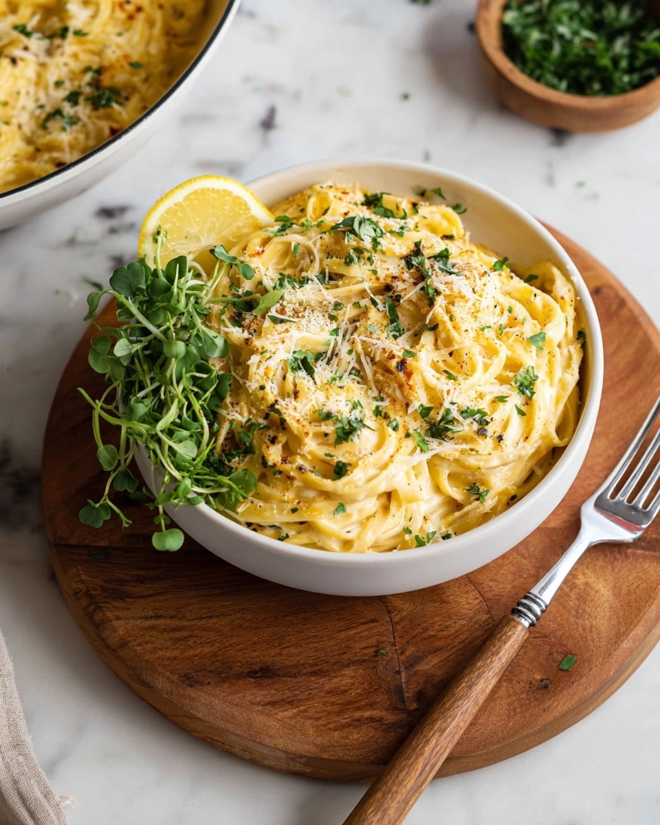 A white bowl filled with creamy yellow pasta layered with some sauce, sprinkled with chopped green herbs and grated cheese on top, a lemon slice resting on the left side of the pasta, and a small bunch of fresh green microgreens on the left edge of the bowl. The bowl sits on a round wooden board, with a fork with a wooden handle placed to the right on a white marbled surface. In the background, part of a pan with more pasta and herbs is visible. photo taken with an iphone --ar 4:5 --v 7