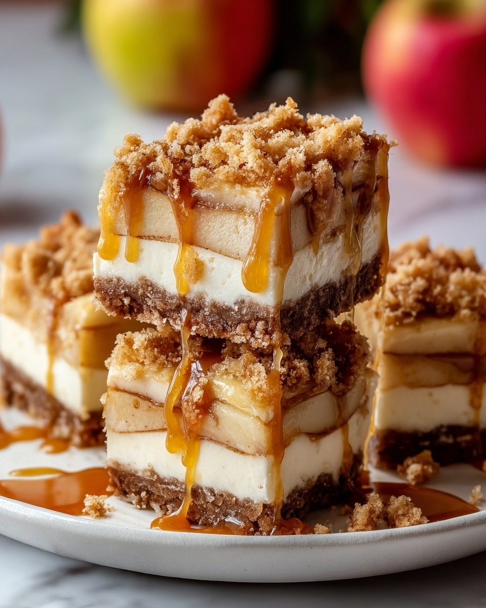 The image shows a close-up of four layered dessert squares stacked on a white plate, placed on a white marbled surface. Each square has four distinct layers: a dense, dark brown crumbly base at the bottom, a thick creamy white layer above it, a light tan layer with soft apple slices in the middle, and a crumbly golden topping with bits of crumble scattered around. Rich amber caramel sauce is generously drizzled over the top and sides, dripping down to the plate, adding a shiny glaze and glossy texture to the dessert. The background is softly blurred with hints of red and yellow apples, emphasizing the dessert's details. photo taken with an iphone --ar 4:5 --v 7