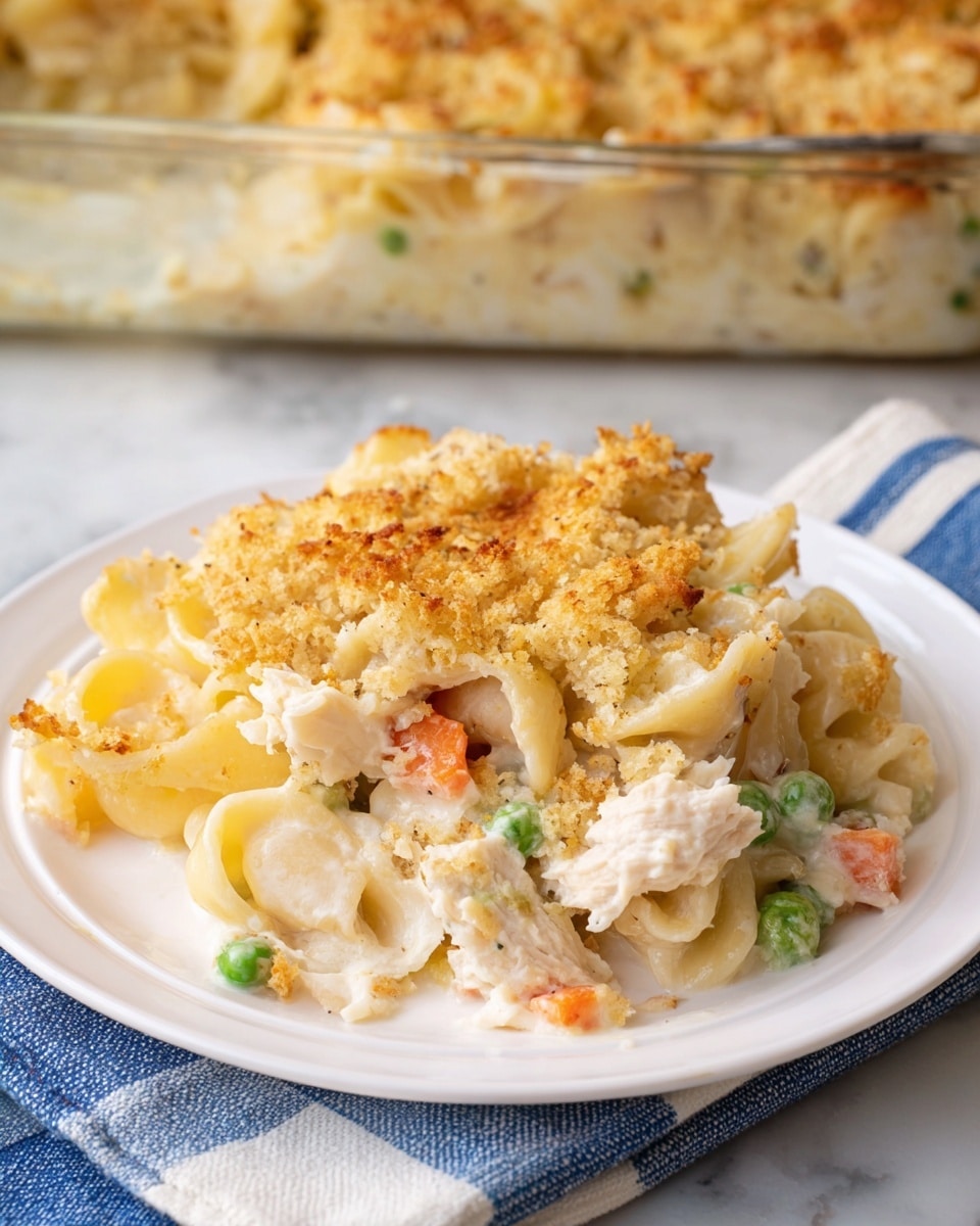 A white plate holds a single, thick serving of creamy pasta casserole with about four layers visible. The bottom layer shows small chunks of light-colored chicken mixed with green peas and orange carrot pieces. Above that, there is a layer of pale yellow cooked pasta shells coated in a rich, smooth white cheese sauce. The top layer consists of a golden-brown, crumbly breadcrumb topping that adds texture and sits unevenly over the pasta. The plate is set on a white marbled surface with a blue-stripe cloth partially underneath. In the background, there is a glass baking dish filled with the same pasta casserole, showing the same creamy texture and golden breadcrumb crust. photo taken with an iphone --ar 4:5 --v 7