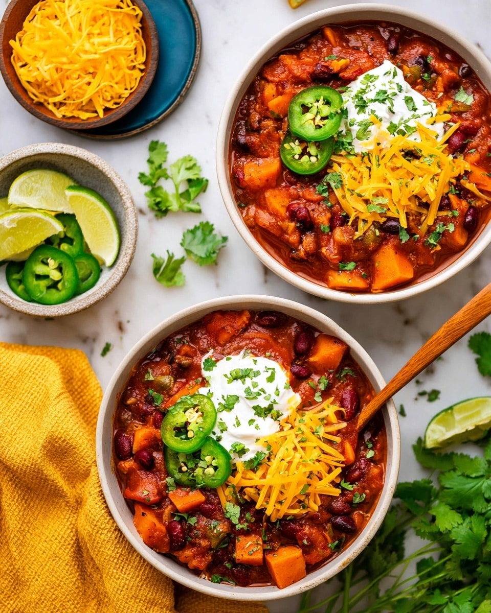 Two white bowls are filled with thick chili that has a rich red color, chunks of orange sweet potatoes, black and red beans mixed with diced vegetables. Each bowl is topped with bright yellow shredded cheese, a dollop of white sour cream sprinkled with green herbs, and slices of green jalapeño peppers. A wooden spoon rests in one bowl, and fresh green cilantro leaves are scattered on top and around the bowls. Nearby, there are small white bowls with shredded yellow cheese and sliced jalapeños, a blue plate with lime wedges, and a yellow cloth on a white marbled surface. Photo taken with an iphone --ar 4:5 --v 7