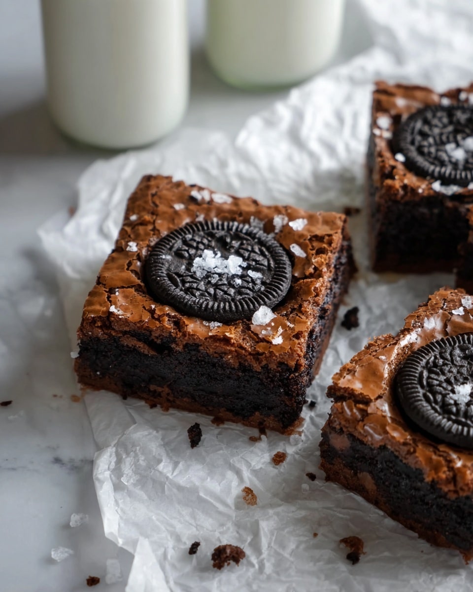 The image shows several square brownie pieces on a white marbled surface. Each brownie piece has two main layers: a bottom layer of golden brown cookie dough with a soft texture, and a top layer of dark, glossy chocolate brownie with a cracked surface. Many brownies have whole black sandwich cookies pressed into the top layer, adding contrast and texture. A light sprinkling of coarse salt is visible on the brownies, enhancing their rustic look. One piece is turned to show a side view clearly showing both cookie dough and chocolate brownie layers. Photo taken with an iphone --ar 4:5 --v 7