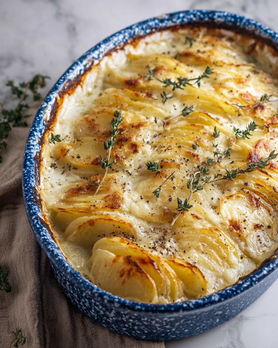 The image shows a baked potato dish in a blue and white speckled oval ceramic dish. The dish has thinly sliced potato layers arranged vertically and slightly overlapping all over, with the edges browned and crisp from baking. The top is covered with melted cheese that looks creamy and slightly golden in spots. Scattered on top are fresh green thyme sprigs and a bit of black pepper sprinkled across the surface. The dish sits on a white marbled surface with a beige cloth napkin partly visible in the background. photo taken with an iphone --ar 4:5 --v 7