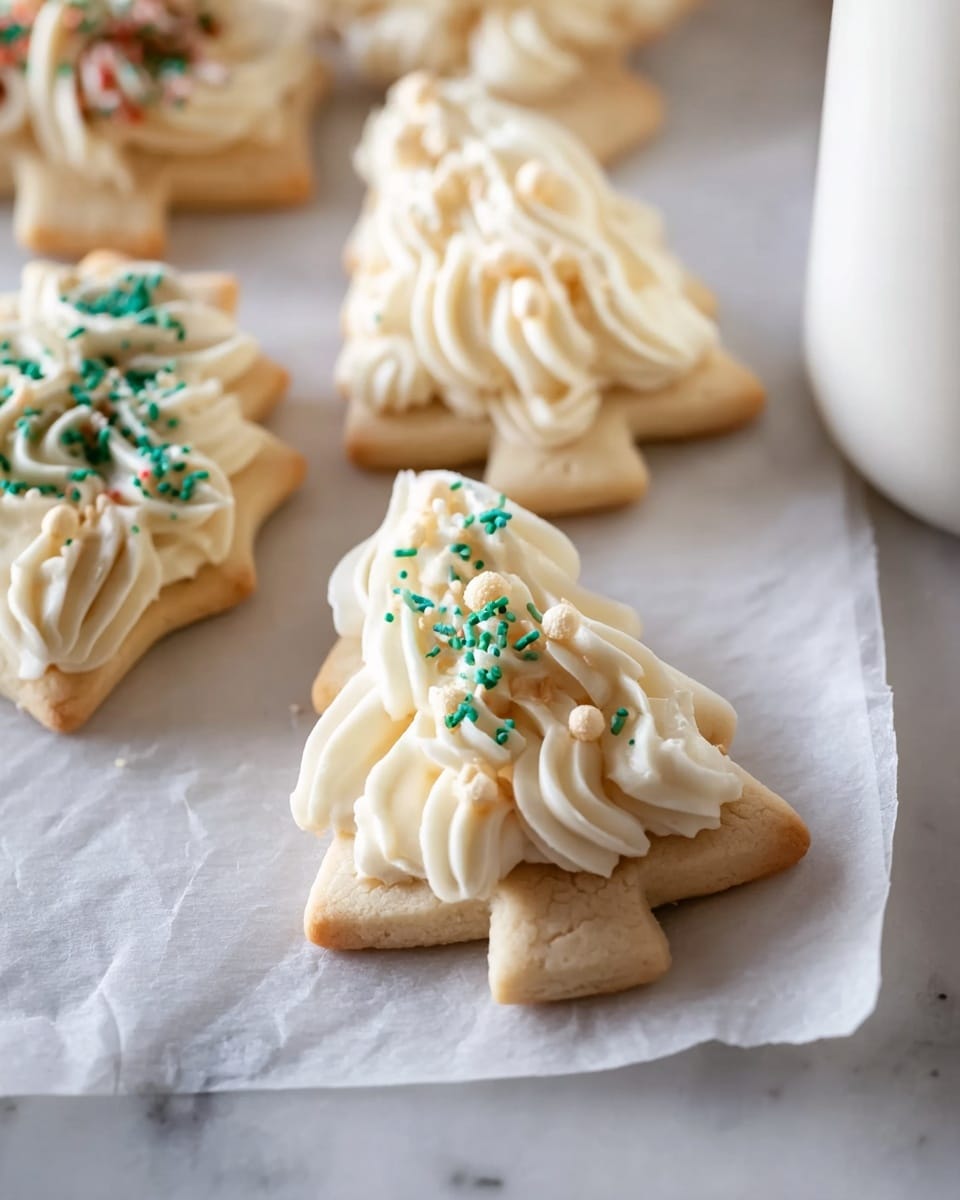 The image shows several shortbread cookies shaped like Christmas trees, each topped with a thick layer of white creamy frosting that is piped in swirls, creating a soft, textured look. The cookies have a pale golden-brown color, with the frosting decorated using small round and sprinkle-shaped accents in green and light beige colors. The cookies are placed on white parchment paper over a white marbled surface. A white container is partially visible to the right side of the image, adding to the clean and simple background. Photo taken with an iphone --ar 4:5 --v 7