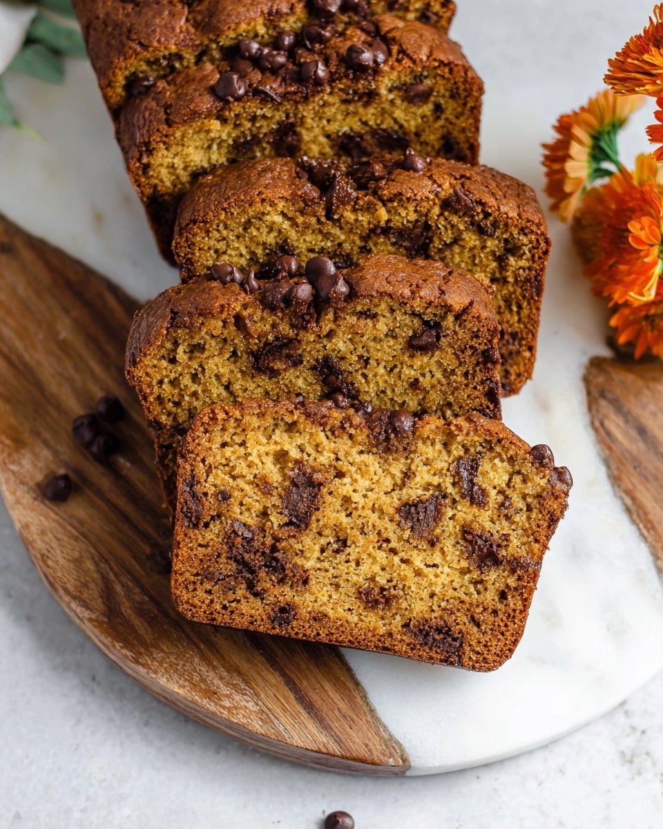 The image shows several slices of moist chocolate chip bread with a golden brown color and a soft, crumbly texture. The bread has visible dark chocolate chips scattered inside and on the top surface, adding contrast to its warm brown tone. The slices are arranged on a round board that combines white marble and wood textures, placed on a white marbled surface. Some orange flowers peek in from the right edge, adding a touch of color to the scene. photo taken with an iphone --ar 4:5 --v 7