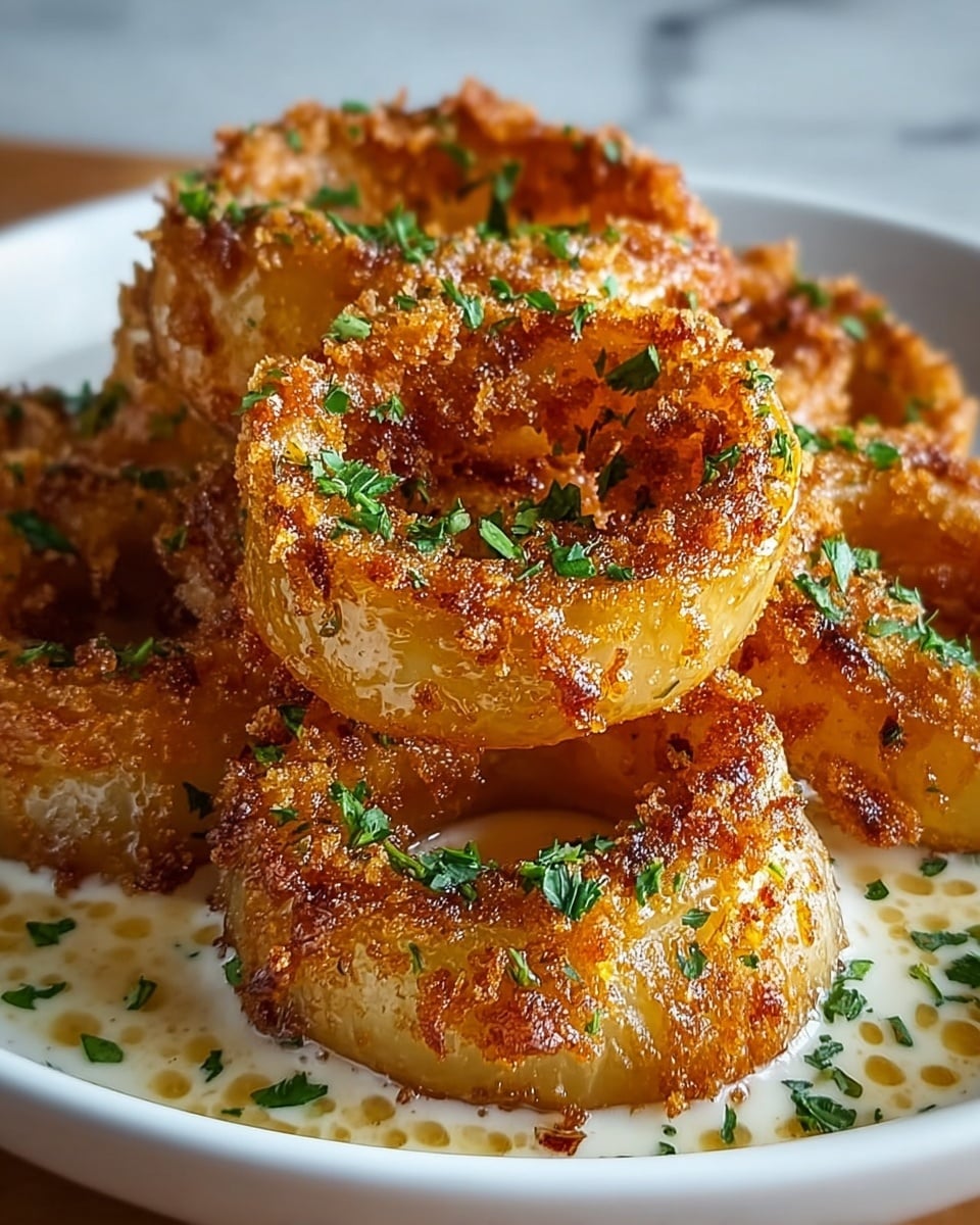 A white rectangular plate holds several golden brown onion rings stacked in a single layer, each ring appearing thick and crispy with a textured crust of fried bits visible. The rings show a mixture of darker browned edges and lighter yellow layers inside, creating a more curly, spiral look. Small green herb leaves are sprinkled over the rings, adding fresh color contrast. The onions are glossy with a light coating of oil or butter that pools slightly under them. The plate rests on a white marbled surface. photo taken with an iphone --ar 4:5 --v 7