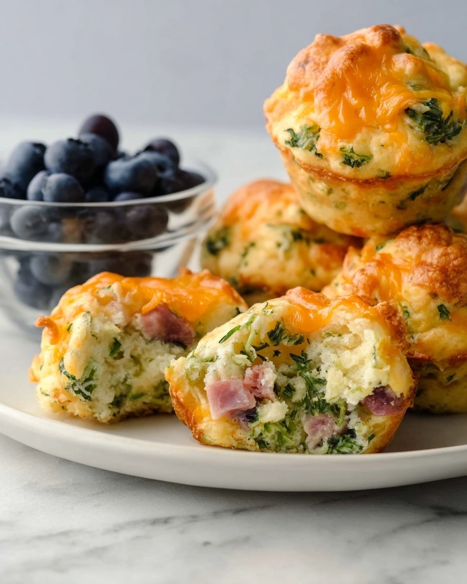 A white plate on a white marbled surface holds several savory muffins stacked loosely, with the closest muffin cut open to show its soft and fluffy inside filled with green herbs and pink ham pieces. The muffins have a golden brown top scattered with melted orange cheese, and the outside looks slightly crispy. Next to the muffins is a clear glass bowl filled with dark blue, fresh blueberries. The light is soft, highlighting the textures and colors of the muffins and fruit. photo taken with an iphone --ar 4:5 --v 7