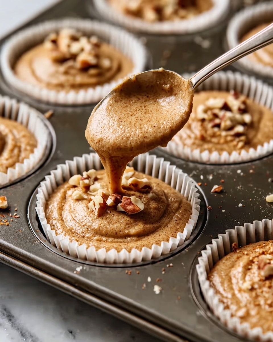 A close-up of a cupcake tray with white paper liners filled with light brown, spiced batter being poured from a spoon into one cupcake cup. Each cupcake has a smooth, thick batter layer with a slightly grainy texture and some chopped nuts scattered on top of a few. The tray sits on a white marbled texture. The batter layer is the main feature, filling the liner almost to the top, with bits of nuts adding rough textures. Photo taken with an iphone --ar 4:5 --v 7