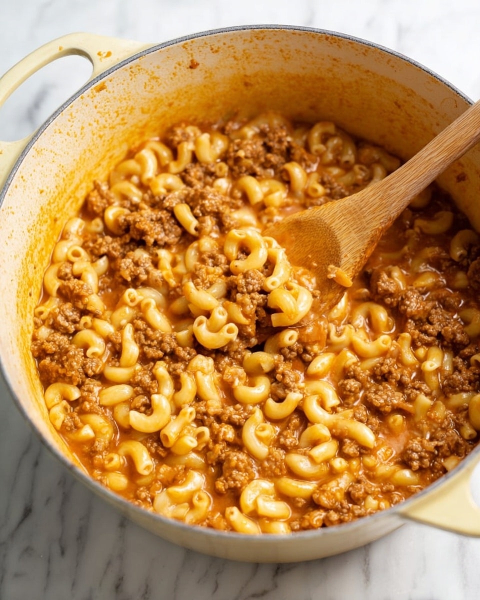 A large white pot filled with creamy macaroni and ground beef mixture sits on a white marbled surface. The dish consists of elbow macaroni pasta in a light orange sauce mixed with small, crumbled pieces of browned ground beef and bits of soft onion. The sauce looks smooth and slightly thick, coating the pasta and beef evenly. A wooden spoon is partially submerged, lifting a portion of the macaroni and beef, showing the glossy texture of the sauce and the chewy pasta. The pot is slightly worn inside, indicating it has been used for cooking, and the yellowish-white exterior contrasts softly with the white marbled background. photo taken with an iphone --ar 4:5 --v 7