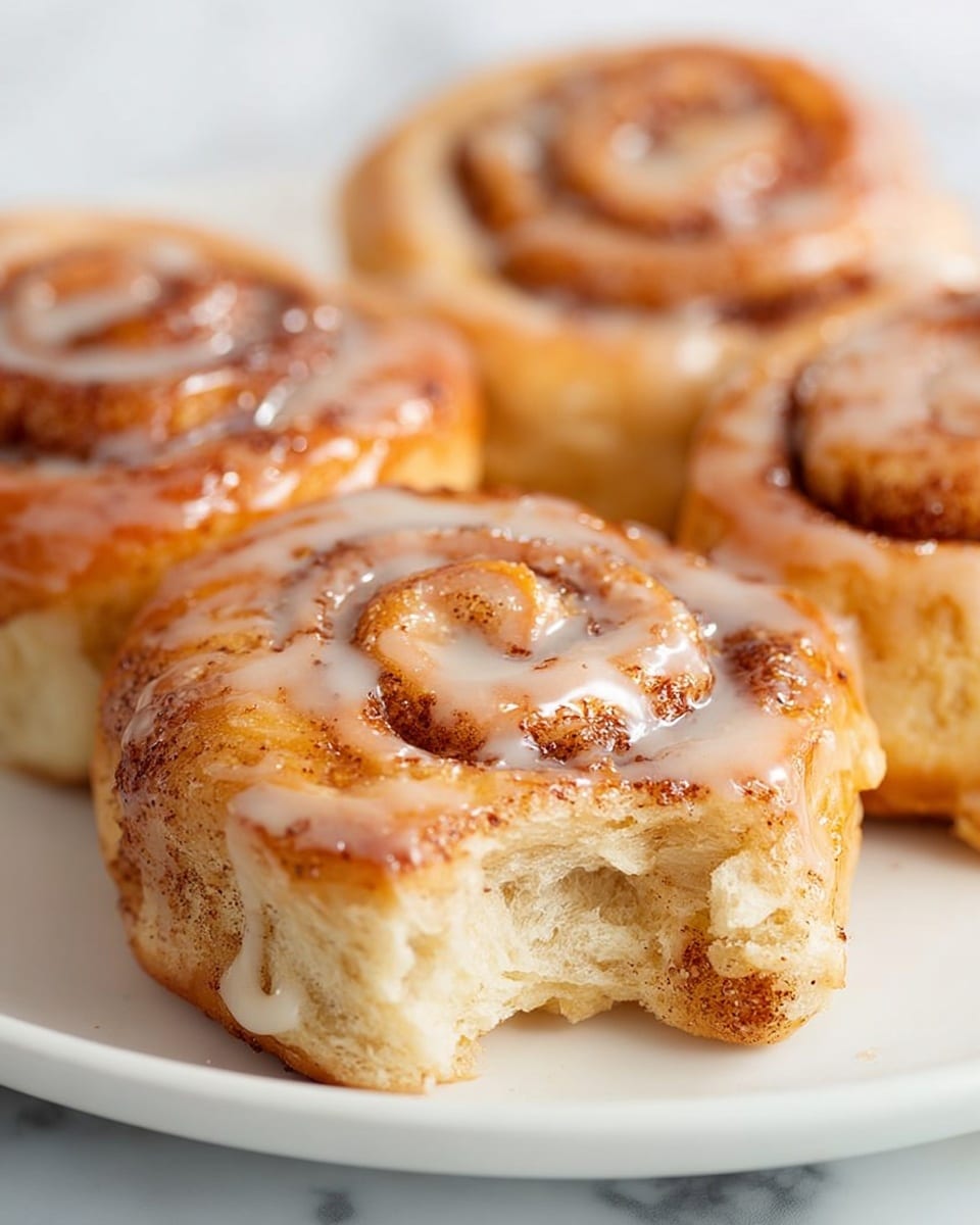 The image shows four small cinnamon rolls on a white plate placed on a white marbled surface. The cinnamon rolls have a light golden-brown outer layer with swirls of darker cinnamon filling visible on top and on the sides. A glossy layer of light beige icing is drizzled unevenly over each roll, giving them a shiny, slightly sticky appearance. The roll in the foreground has a bite taken out of it, revealing soft, fluffy, light beige dough inside with visible layers and pockets of cinnamon filling. In the background, the other three cinnamon rolls are whole, with their spiraled shapes clear but slightly blurred. Photo taken with an iphone --ar 4:5 --v 7