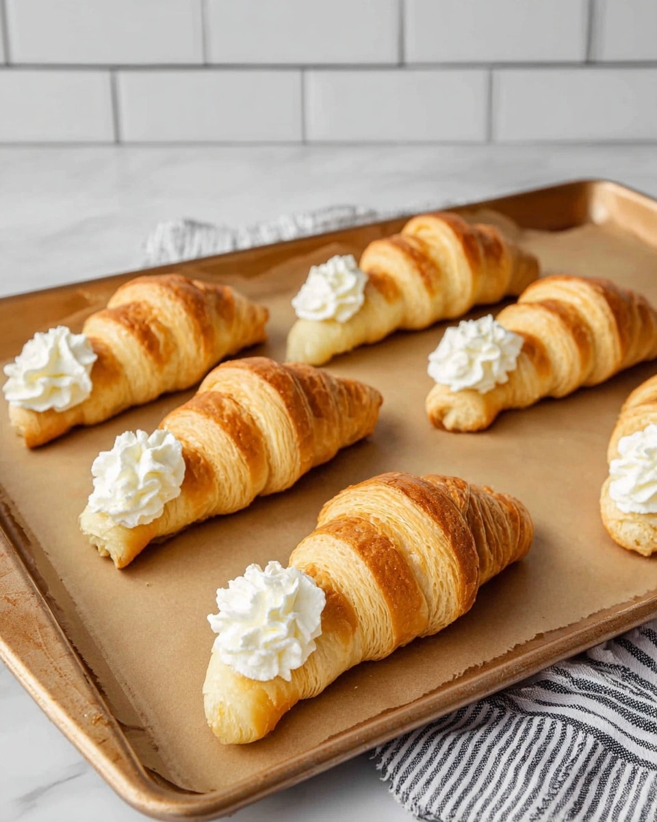The image shows six golden-brown pastry cream horns on a baking sheet lined with brown parchment paper. Each horn is a spiral-shaped, flaky pastry with a shiny crust and is filled at both ends with thick, white whipped cream that has a soft, fluffy texture. The horns are arranged in two rows, resting on a white marbled counter with a white subway tile wall in the background. A striped cloth napkin is partially visible under the baking sheet near the bottom right. photo taken with an iphone --ar 4:5 --v 7