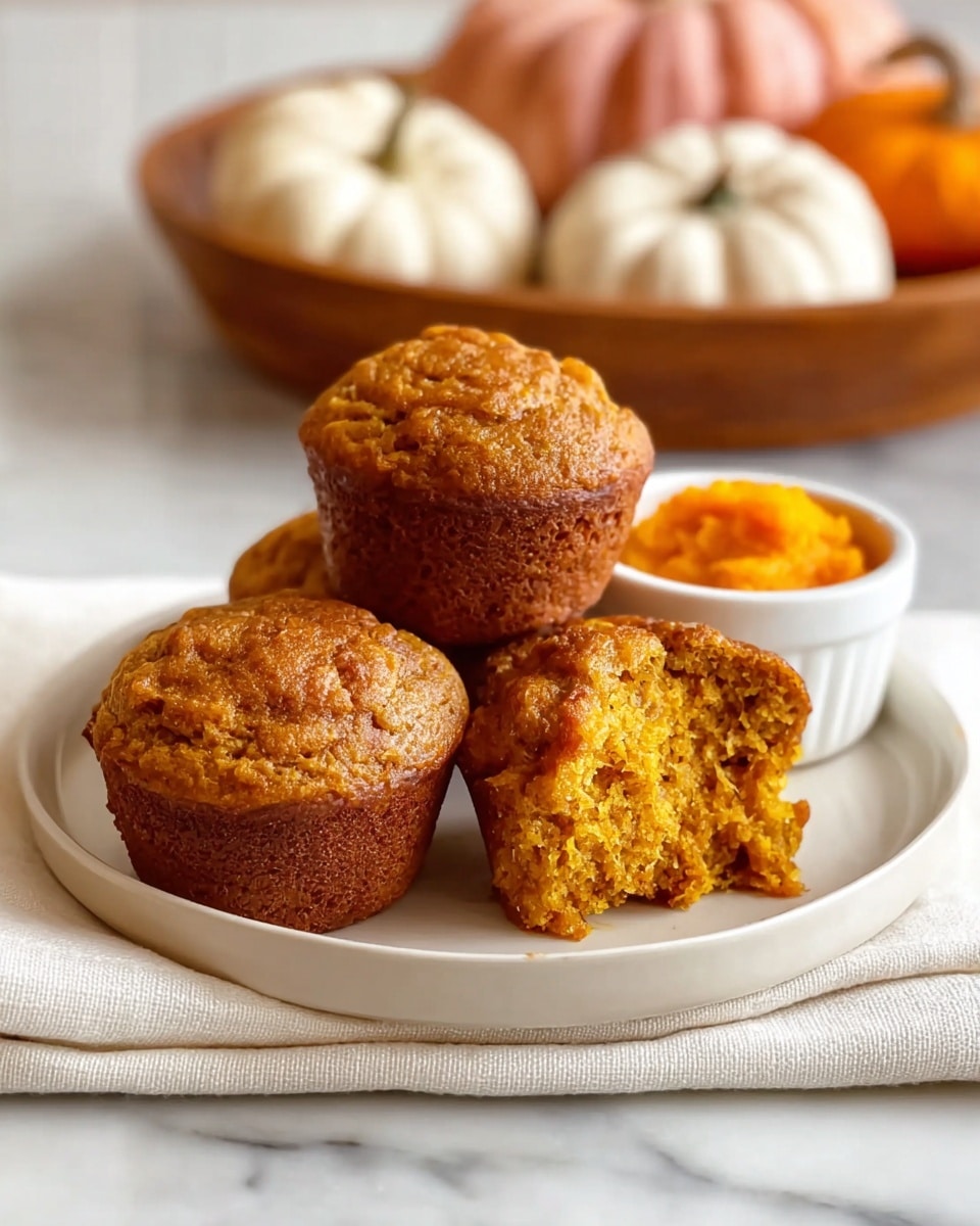 Three golden-brown muffins with a slightly rough texture sit on a round white plate. One muffin is broken open showing a moist, dense inside with a warm orange hue. The muffins are arranged closely, two upright and one slightly leaning back. Behind the muffins, there is a small white ramekin filled with bright orange puree. The plate rests on a soft white cloth over a white marbled surface. In the blurred background, different small pumpkins in white, orange, and pink shades rest in a wooden basket. Photo taken with an iphone --ar 4:5 --v 7