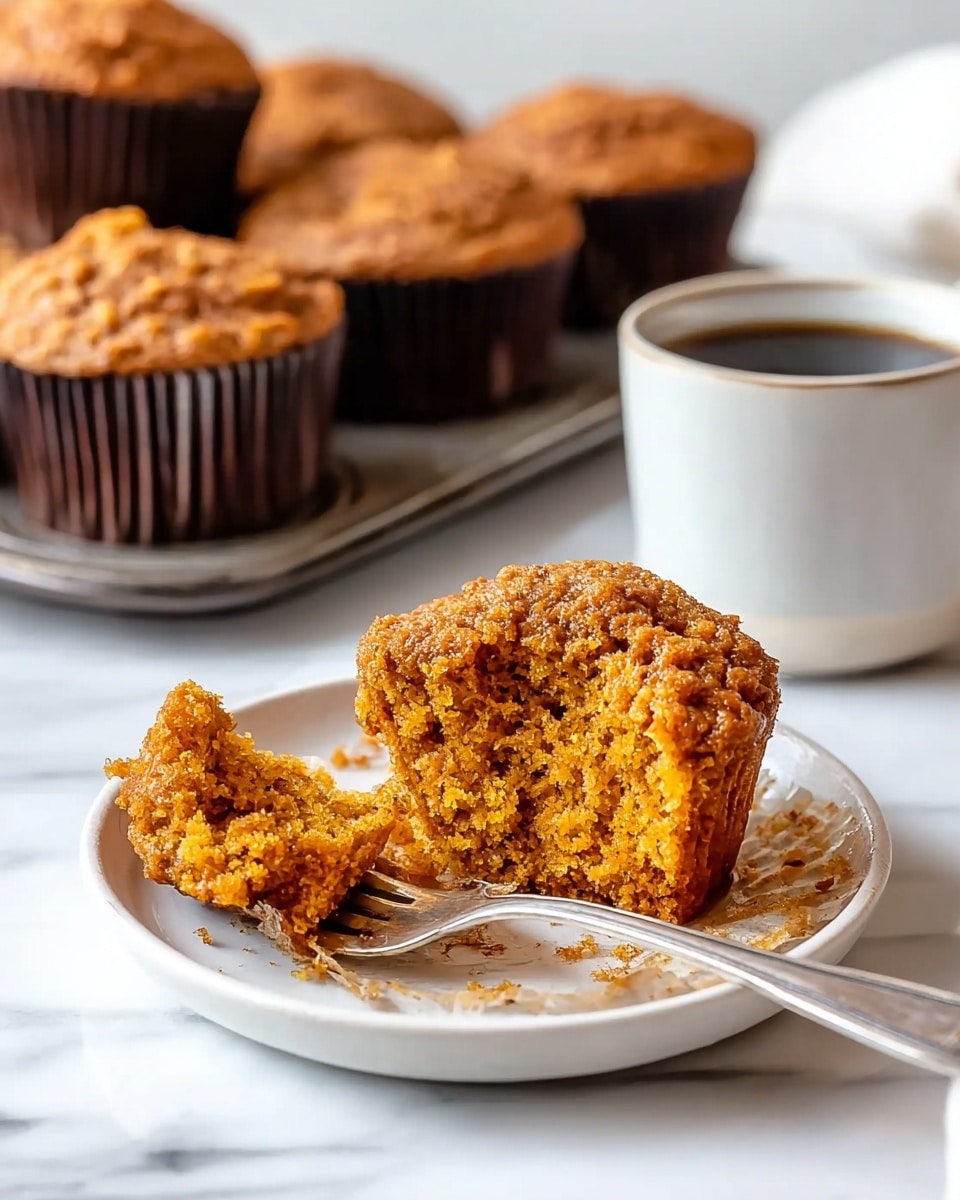 The image shows a soft orange-brown muffin with a slightly crumbly texture, broken open on a small white plate, revealing its moist inside. A silver fork rests on the plate next to the muffin, with some crumbs around it. In the background, there are several whole muffins in dark brown liners on a tray, slightly out of focus, alongside a small white cup filled with a dark beverage. The scene is set on a white marbled surface, giving a clean and bright look. Photo taken with an iphone --ar 4:5 --v 7