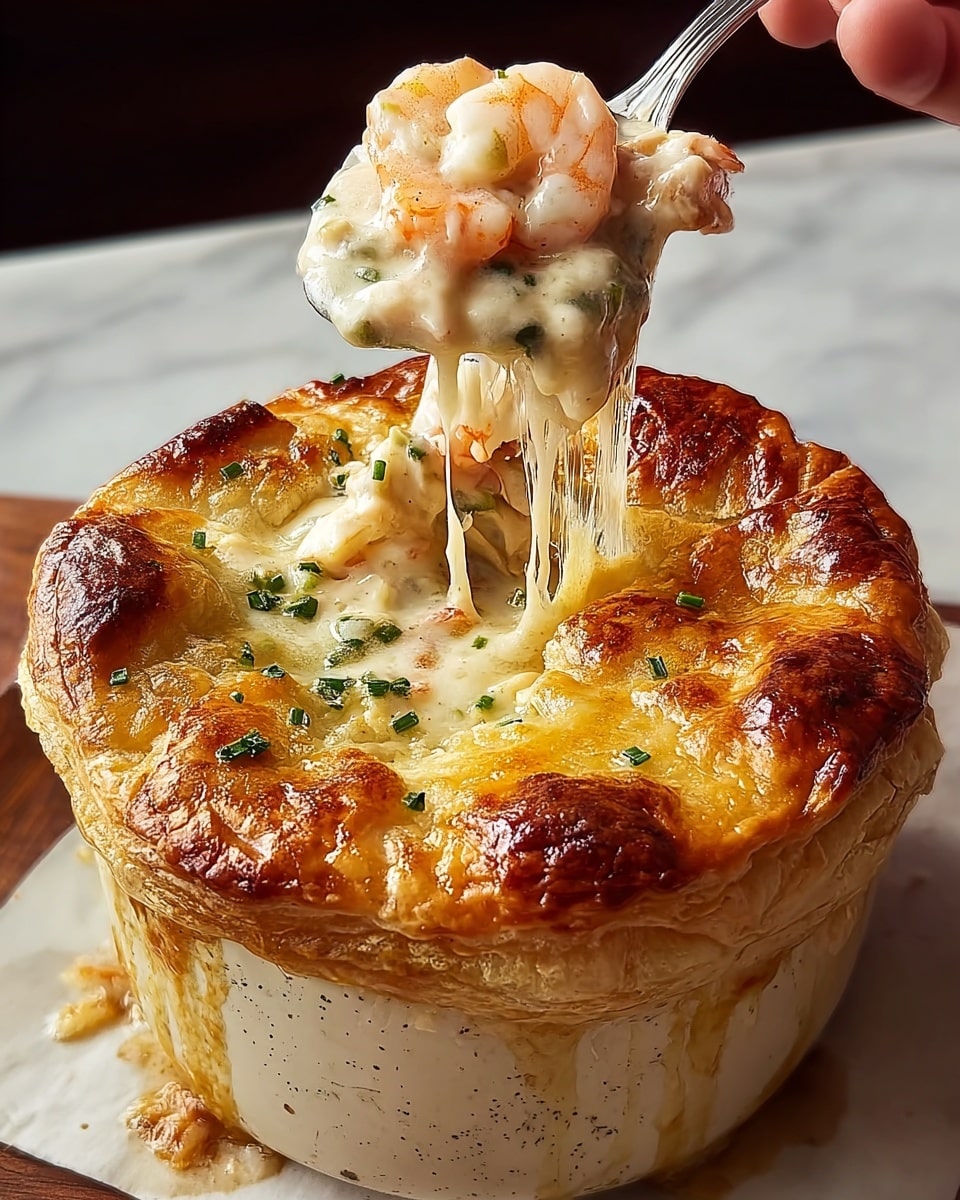 The image shows a golden brown baked dish in a round ceramic container, with a crispy puff pastry top crust that has a slightly uneven, puffy texture and is sprinkled with small green herb bits. The container is filled with a creamy, white, cheesy seafood filling visible through the broken crust, with a thick melted cheese pull stretching to a spoon lifting a portion. The filling contains visible pieces of shrimp and other ingredients mixed in the rich sauce. The dish sits on a white marbled surface, and a woman's hand is holding the spoon. photo taken with an iphone --ar 4:5 --v 7