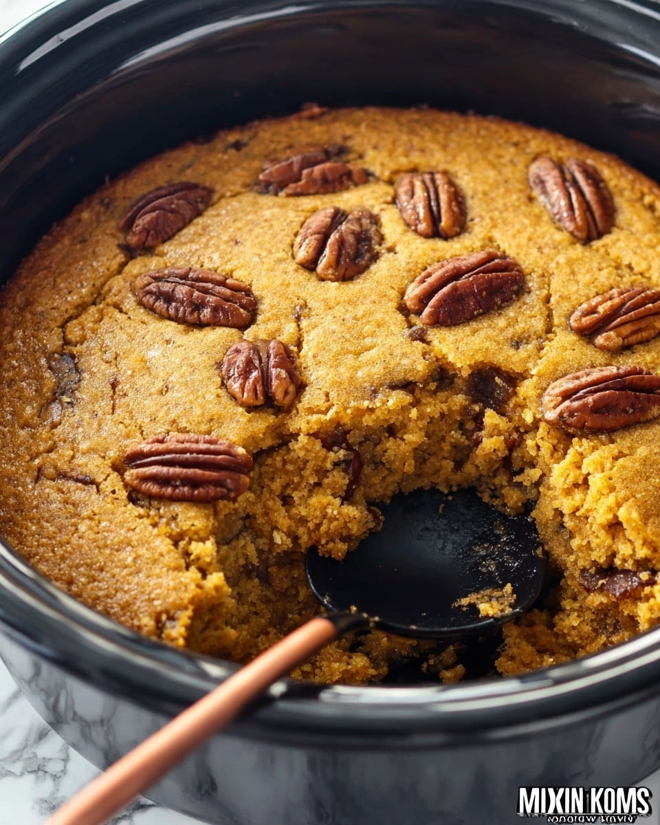 The image shows a thick, golden-brown baked dish with a slightly crumbly texture inside a black pot. The top layer is dotted with whole pecans, adding dark brown accents to the golden surface. A black spoon with a copper handle scoops out a portion, revealing the moist, grainy inside texture. The background surface is a white marbled texture. photo taken with an iphone --ar 4:5 --v 7