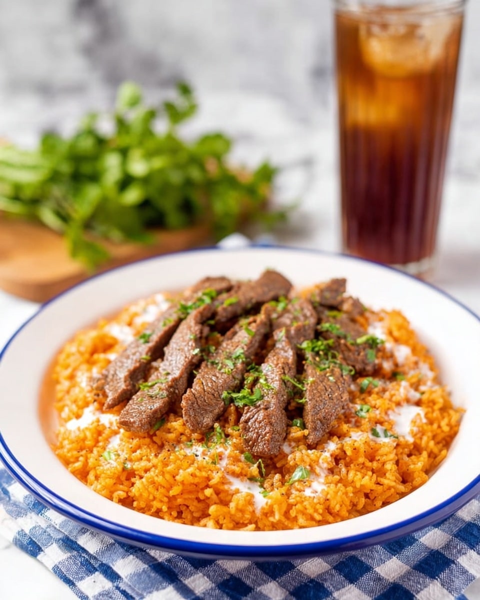 A white plate with a blue rim holds a two-layer dish placed on a white marbled surface with a blue and white checkered cloth beneath it. The bottom layer is orange-colored rice with a moist, slightly saucy texture. The top layer consists of several brown strips of cooked beef arranged evenly over the rice. The beef is garnished with small green herb pieces, and there are light drizzles of white sauce across the dish. In the background, there is a tall clear glass filled with a dark brown iced beverage and green leafy herbs blurred behind it. Photo taken with an iphone --ar 4:5 --v 7