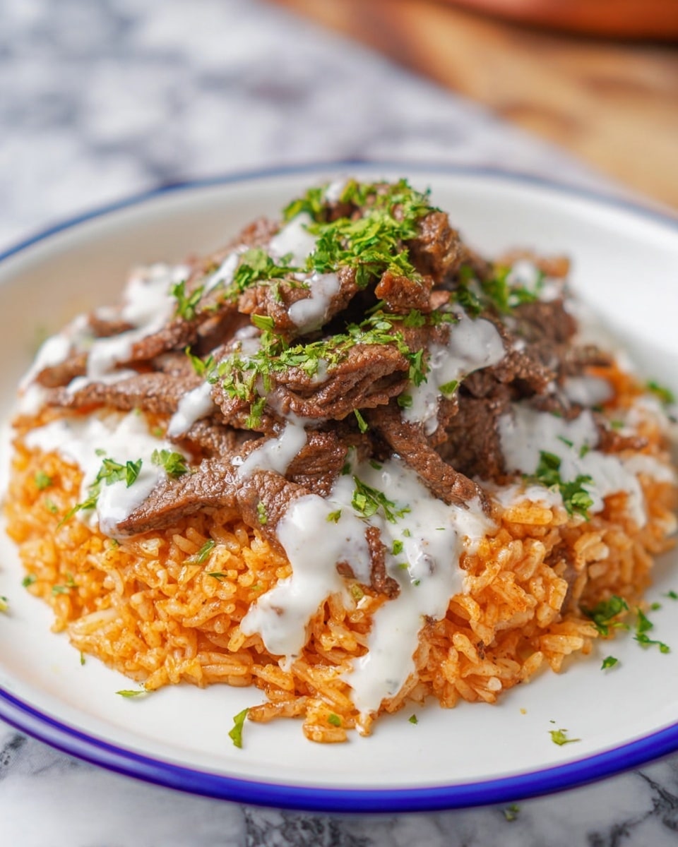 The dish shows two main layers on a white plate with a blue rim. The bottom layer is a bed of orange rice, cooked and slightly creamy in texture. On top of the rice, there are strips of brown cooked meat, arranged in a loose pile. Light white sauce is drizzled over both the meat and the rice, giving a smooth texture contrast. Small green fresh herb pieces are scattered on top, adding a fresh touch. The plate is set on a white marbled surface with a blurred background. photo taken with an iphone --ar 4:5 --v 7
