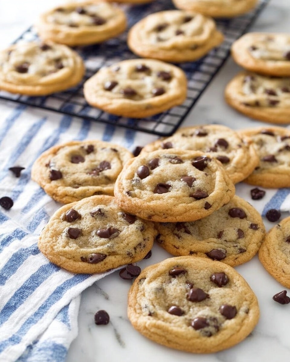 A group of golden brown chocolate chip cookies with soft edges and scattered dark chocolate chips spread over a white marbled surface, some lying flat while others rest slightly stacked, with a black cooling rack holding more cookies in the background and a white cloth with blue stripes partially visible to the left, the cookies showing slightly cracked tops and a warm, inviting texture. photo taken with an iphone --ar 4:5 --v 7